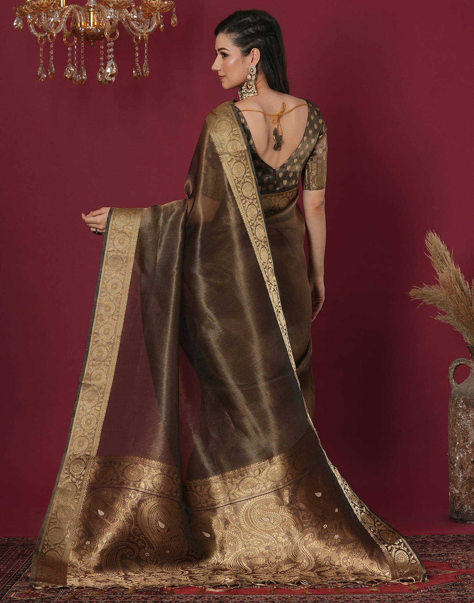 Brown Organza Woven Saree