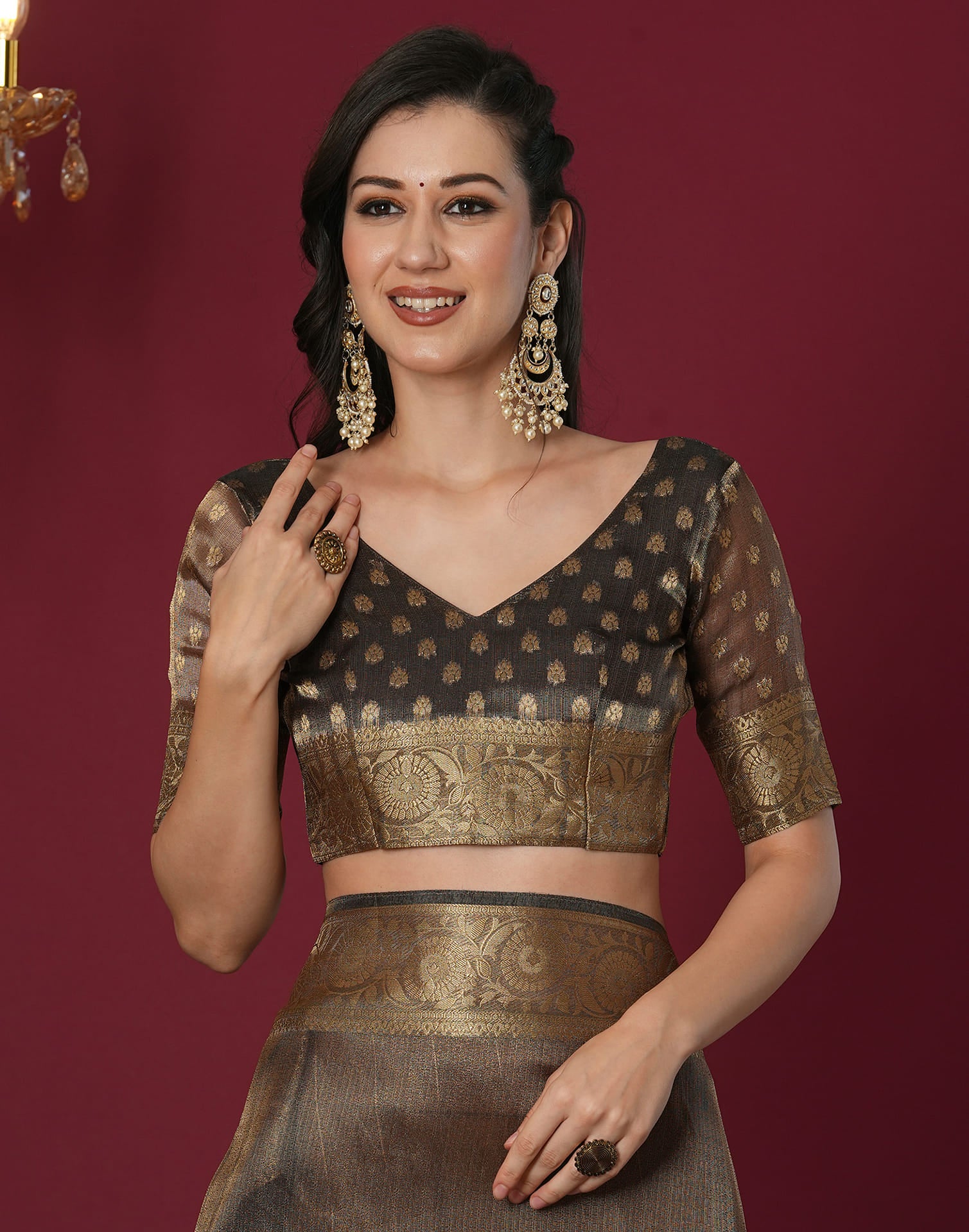 Brown Organza Woven Saree