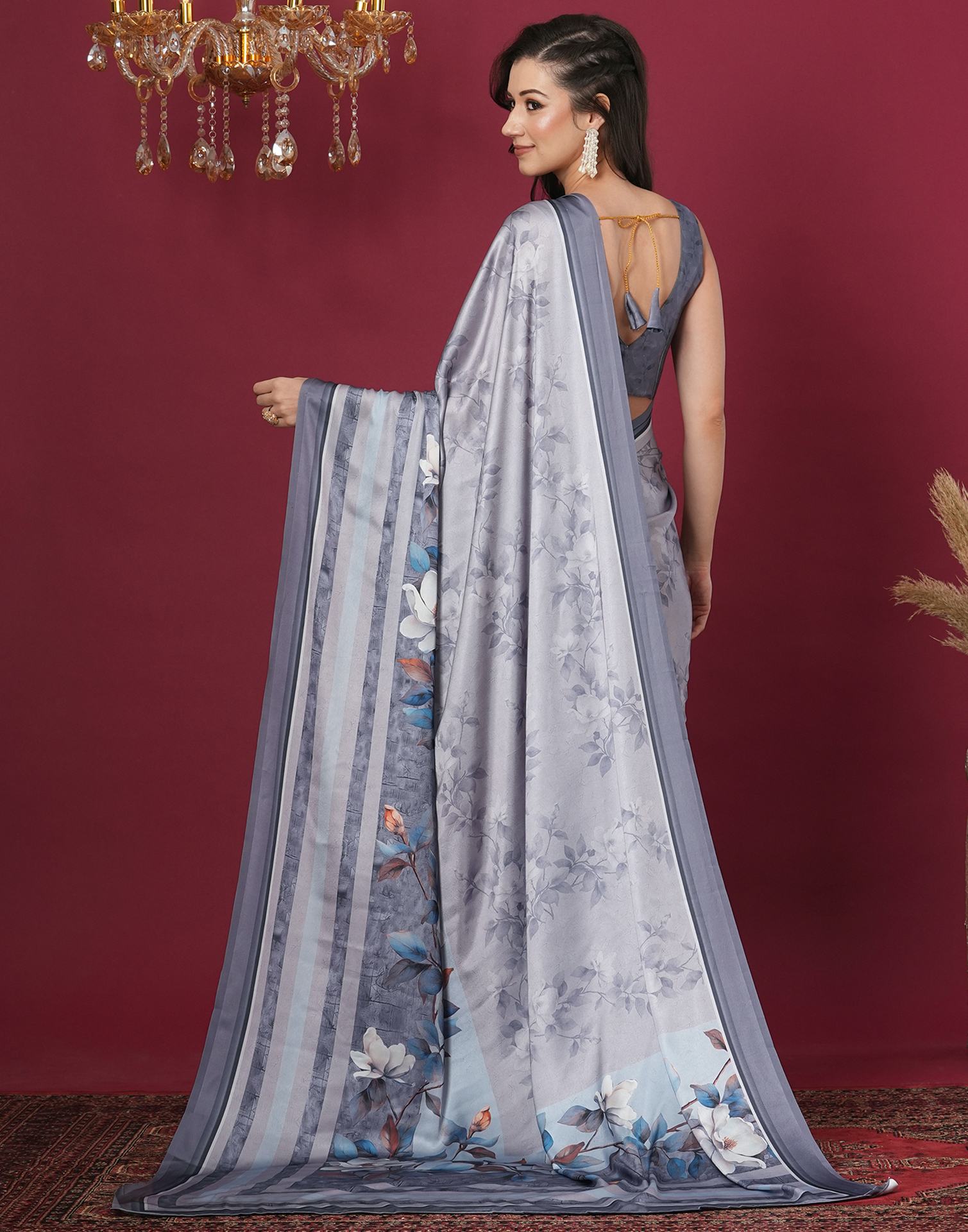 Grey Satin Printed Saree