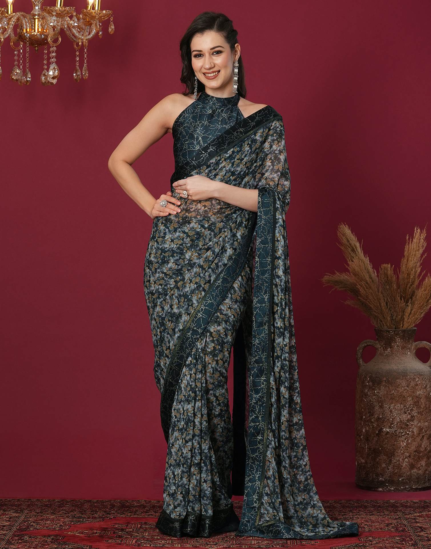 Black Georgette Floral Printed Saree