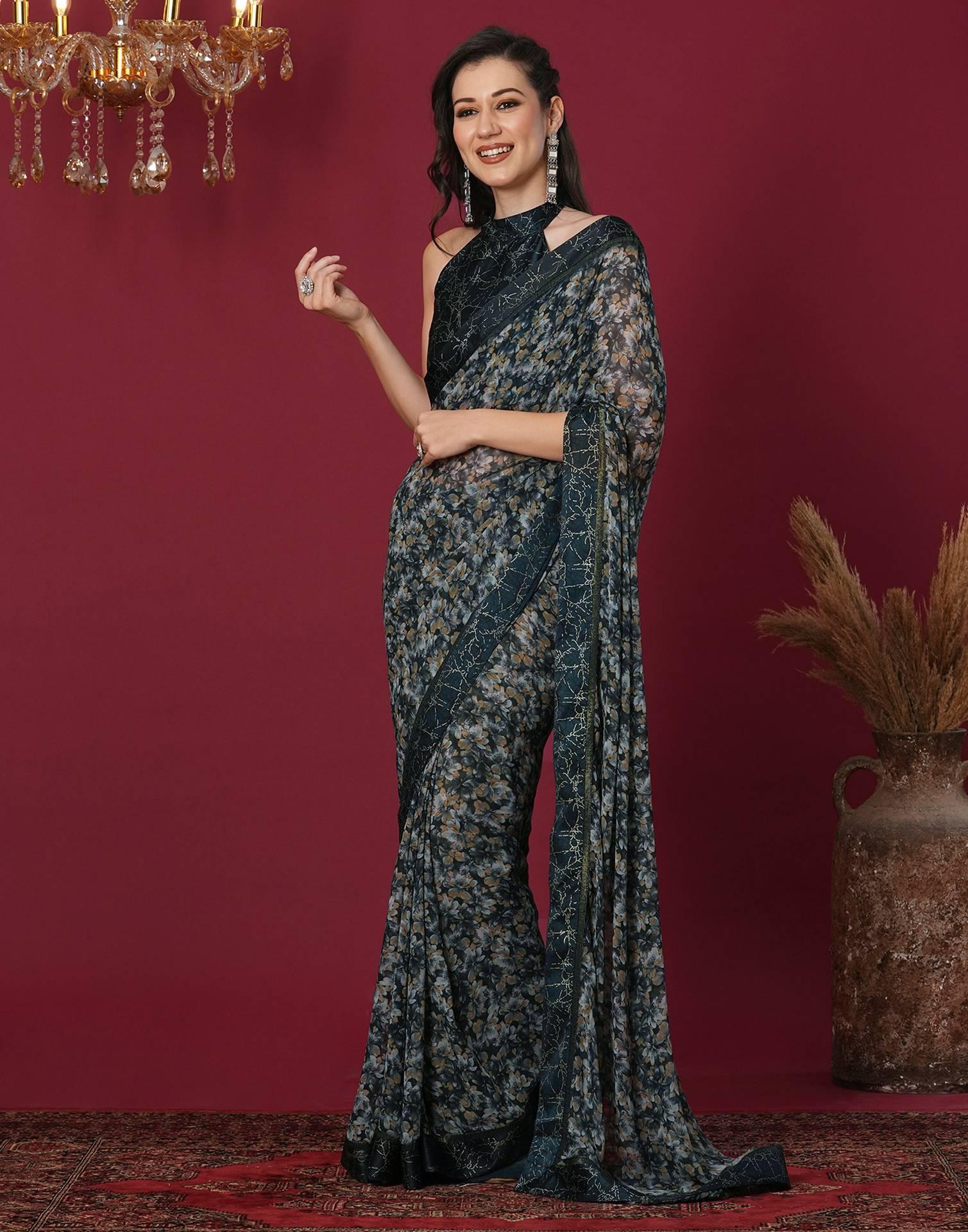 Black Georgette Floral Printed Saree