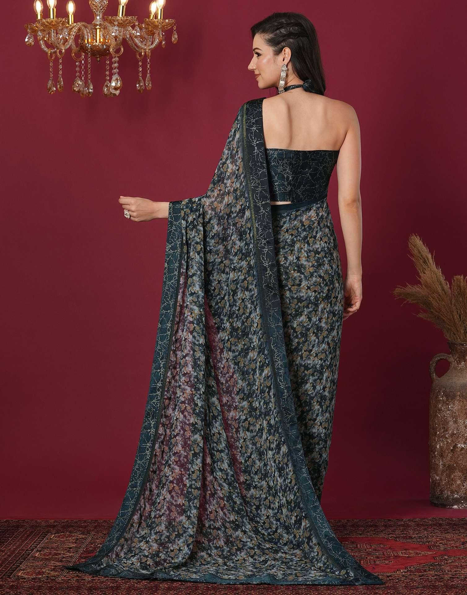 Black Georgette Floral Printed Saree