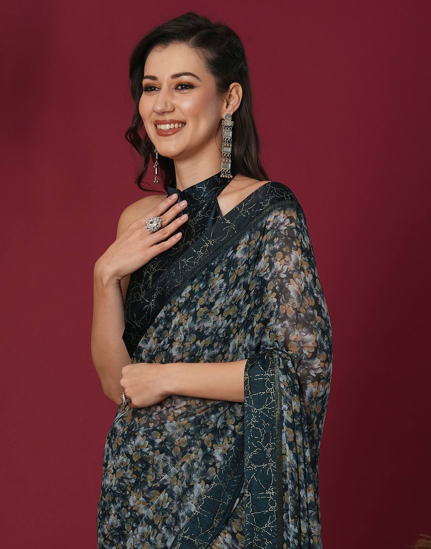 Black Georgette Floral Printed Saree