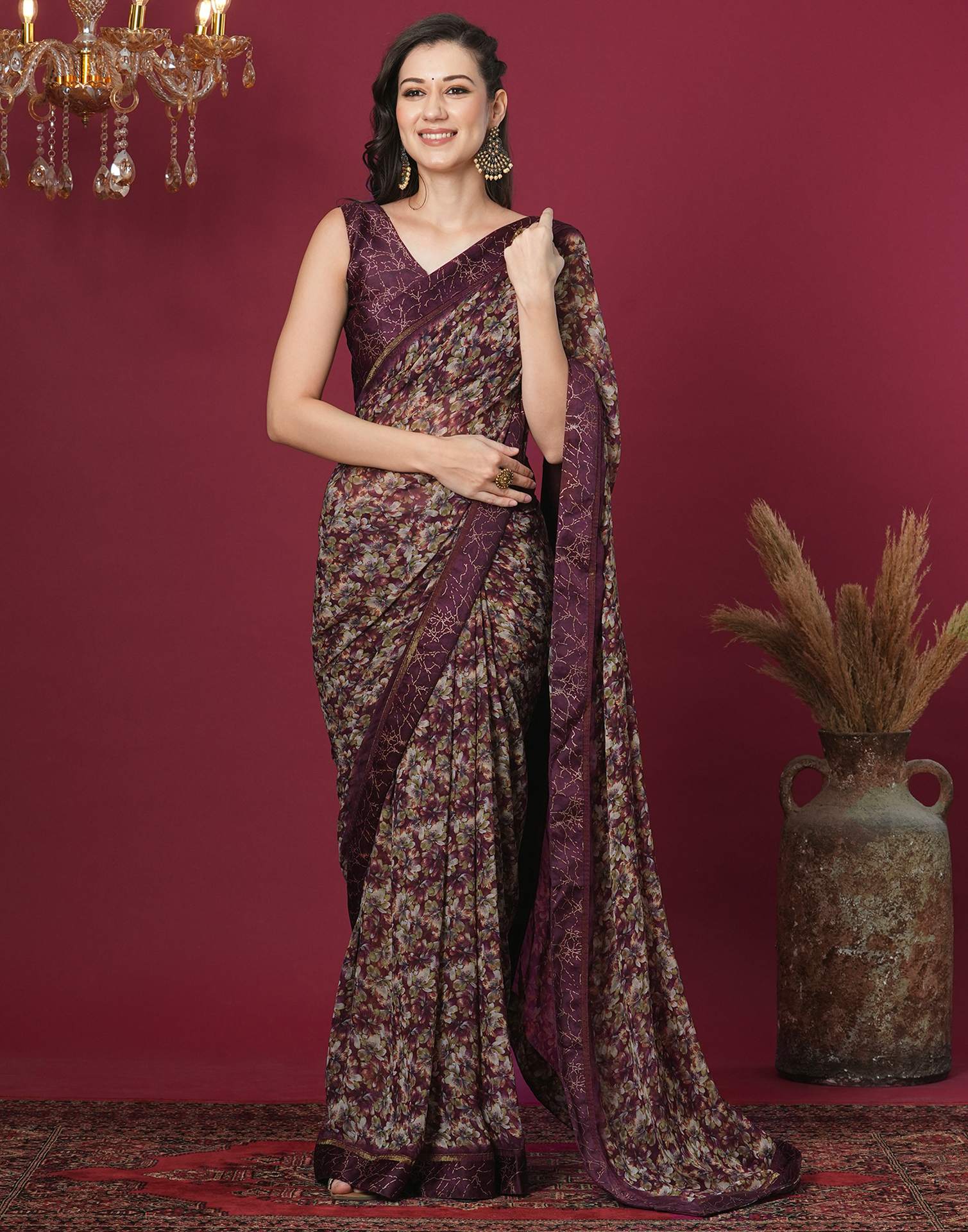 Maroon Georgette Floral Printed Saree