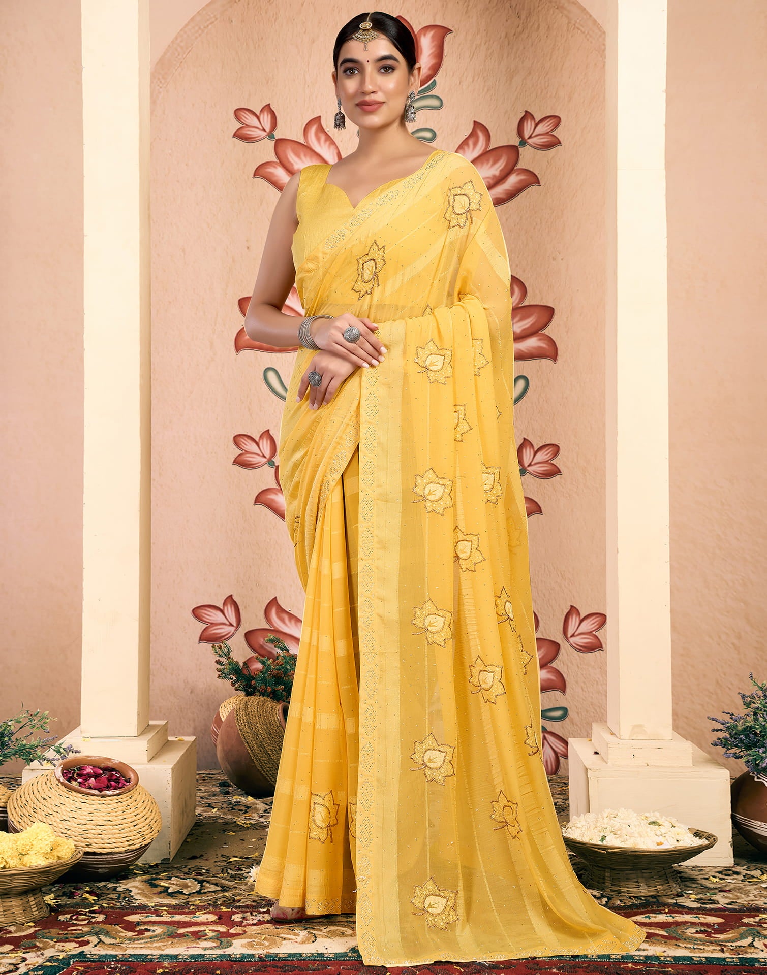 Yellow Chiffon Embroidery Embellished Saree