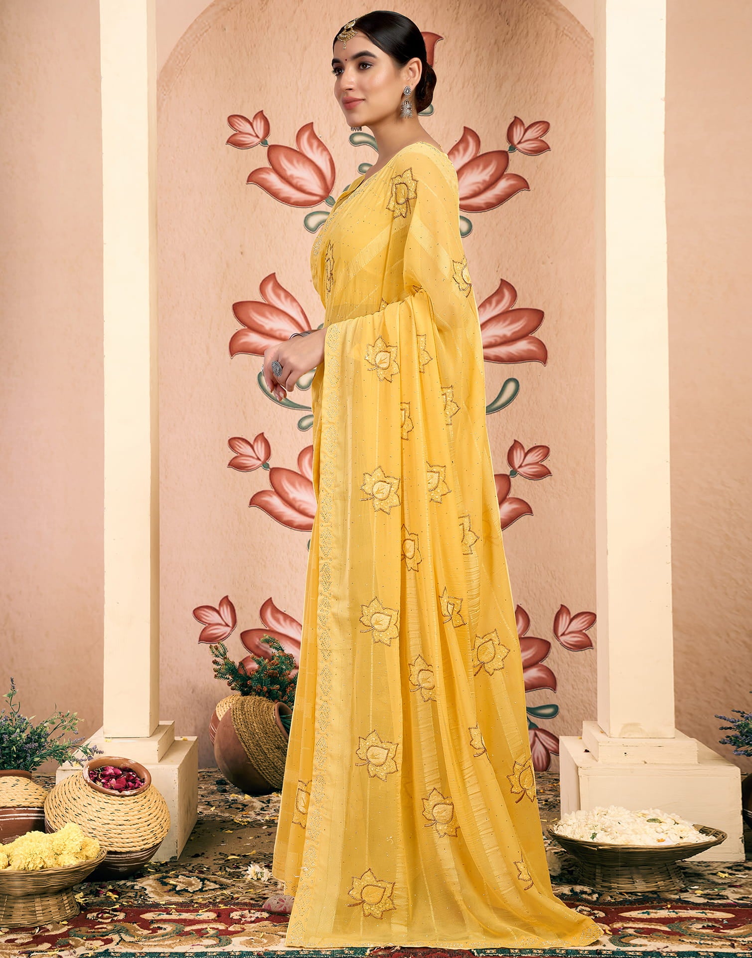 Yellow Chiffon Embroidery Embellished Saree