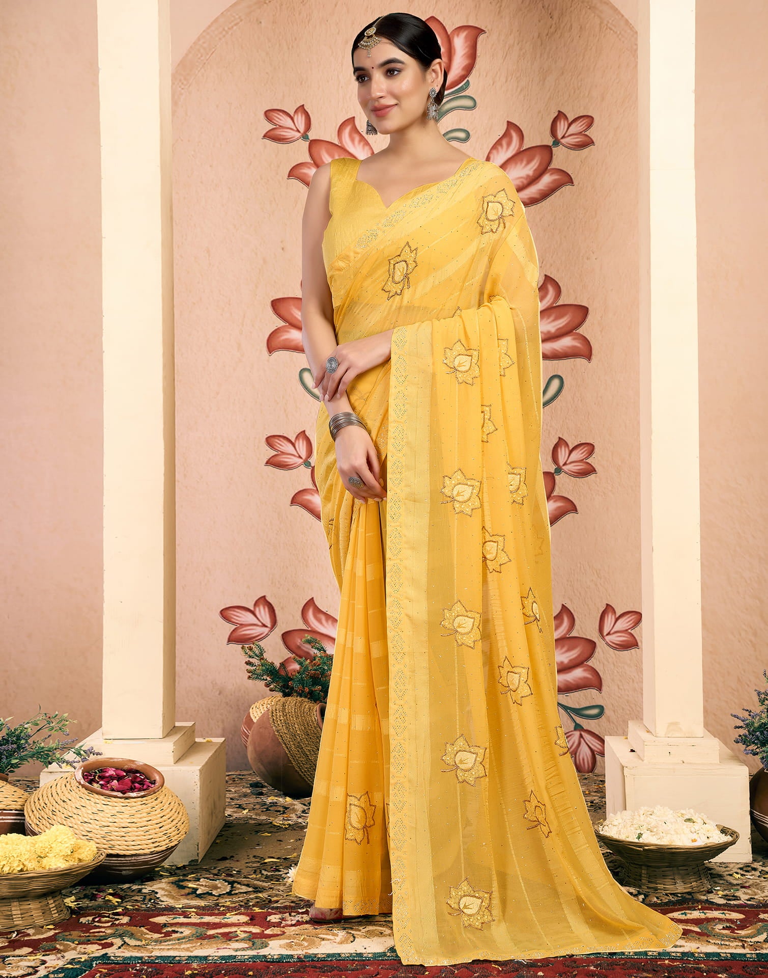 Yellow Chiffon Embroidery Embellished Saree