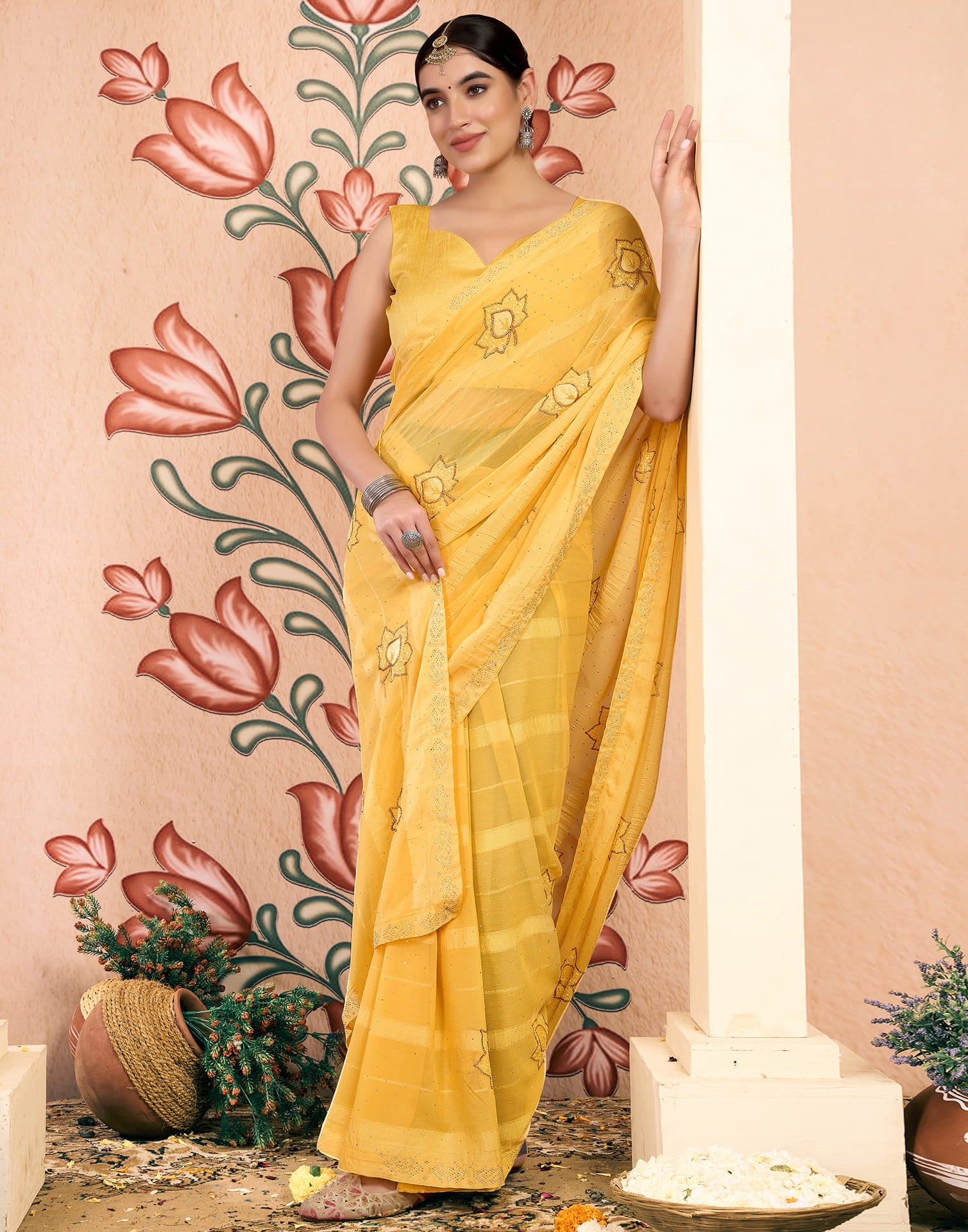 Yellow Chiffon Embroidery Embellished Saree