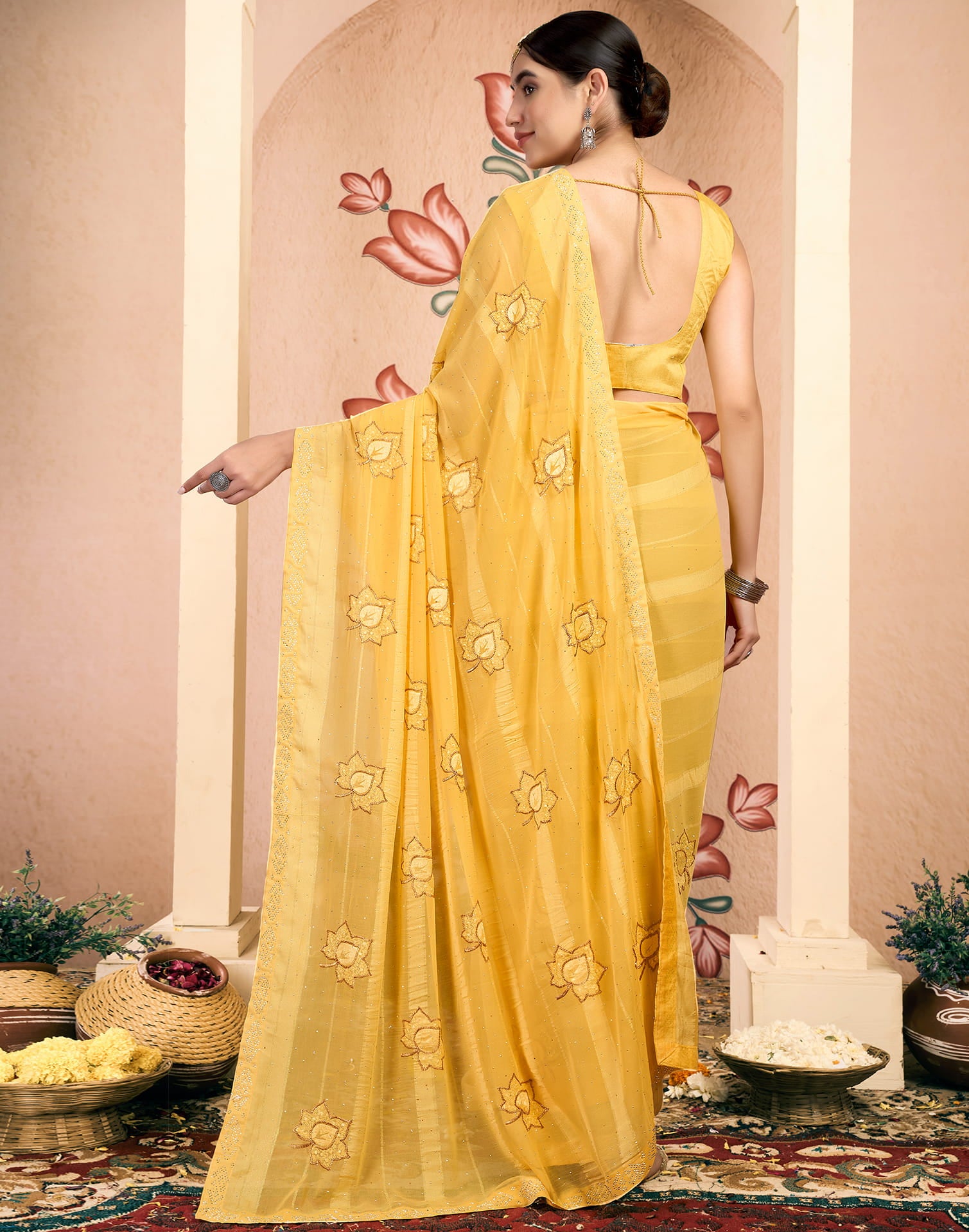 Yellow Chiffon Embroidery Embellished Saree