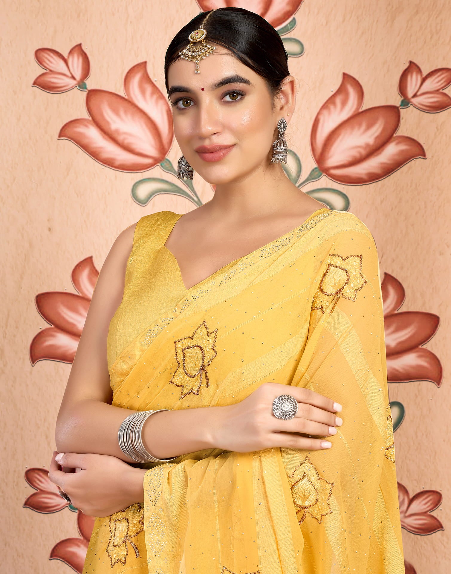Yellow Chiffon Embroidery Embellished Saree