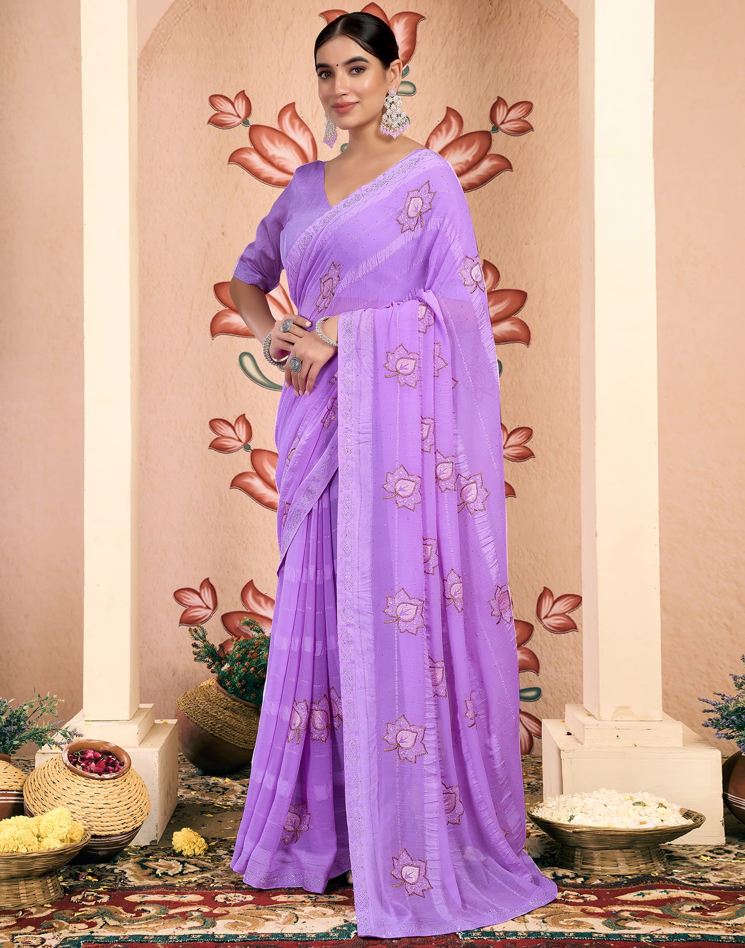 Lavender Chiffon Embroidery Embellished Saree