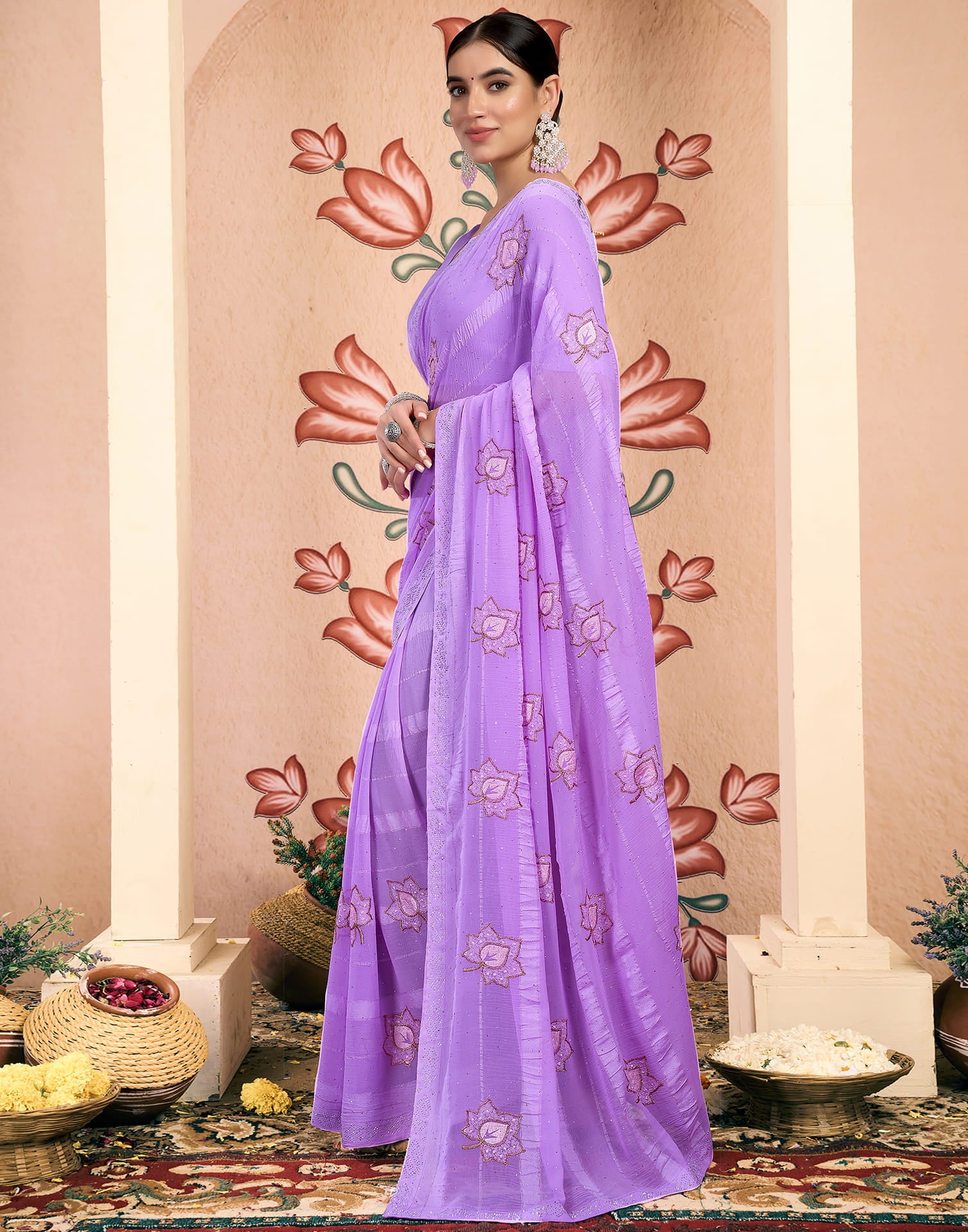 Lavender Chiffon Embroidery Embellished Saree