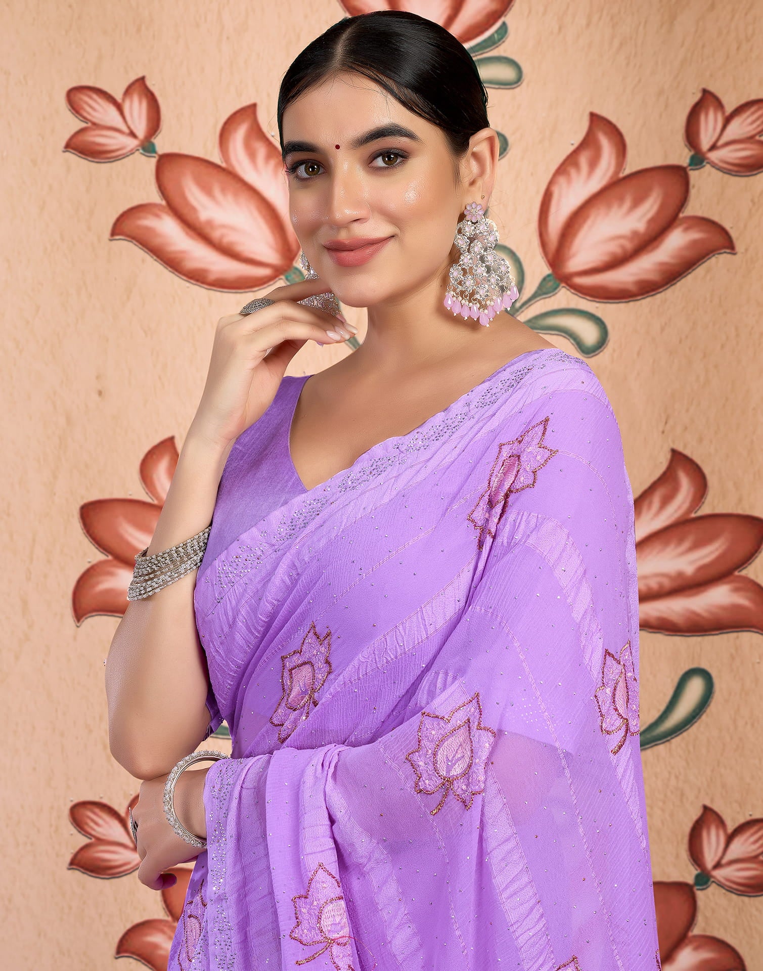 Lavender Chiffon Embroidery Embellished Saree