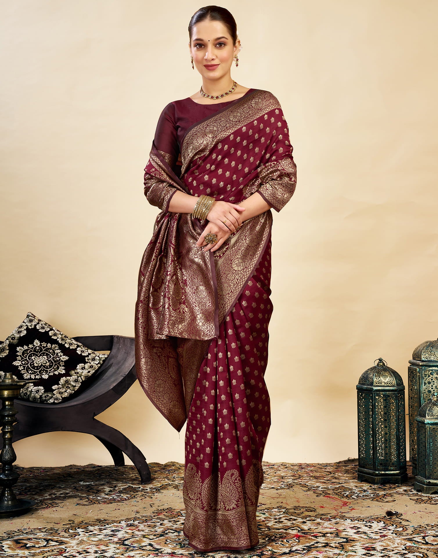 Maroon Silk Blend Woven Banarasi Saree