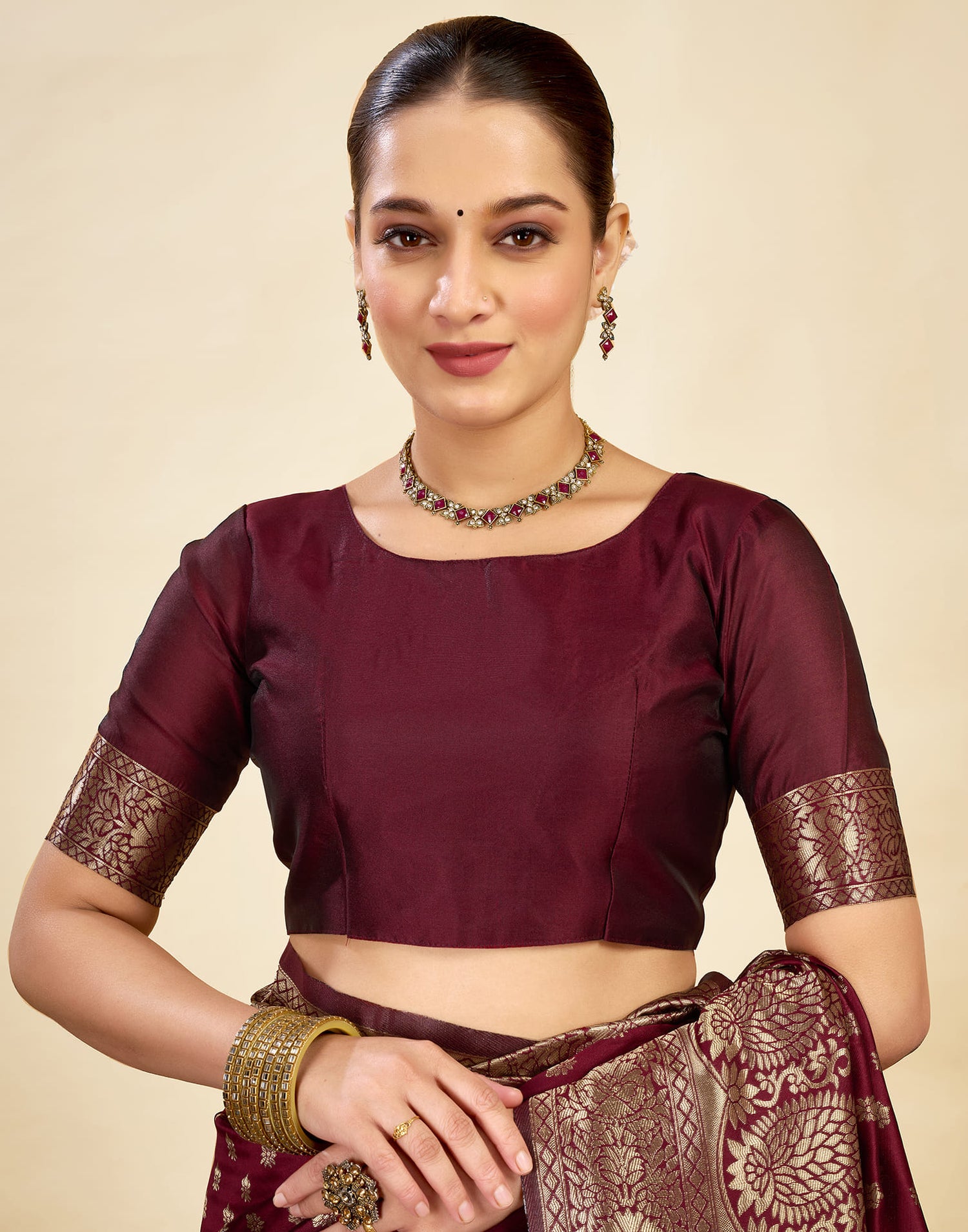 Maroon Silk Blend Woven Banarasi Saree