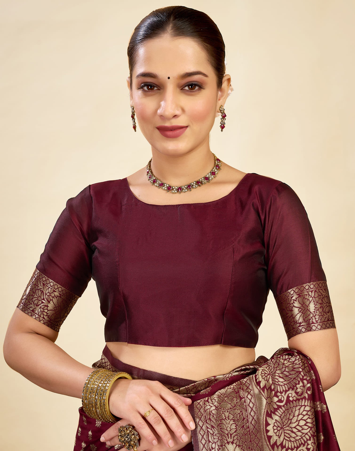 Maroon Silk Blend Woven Banarasi Saree