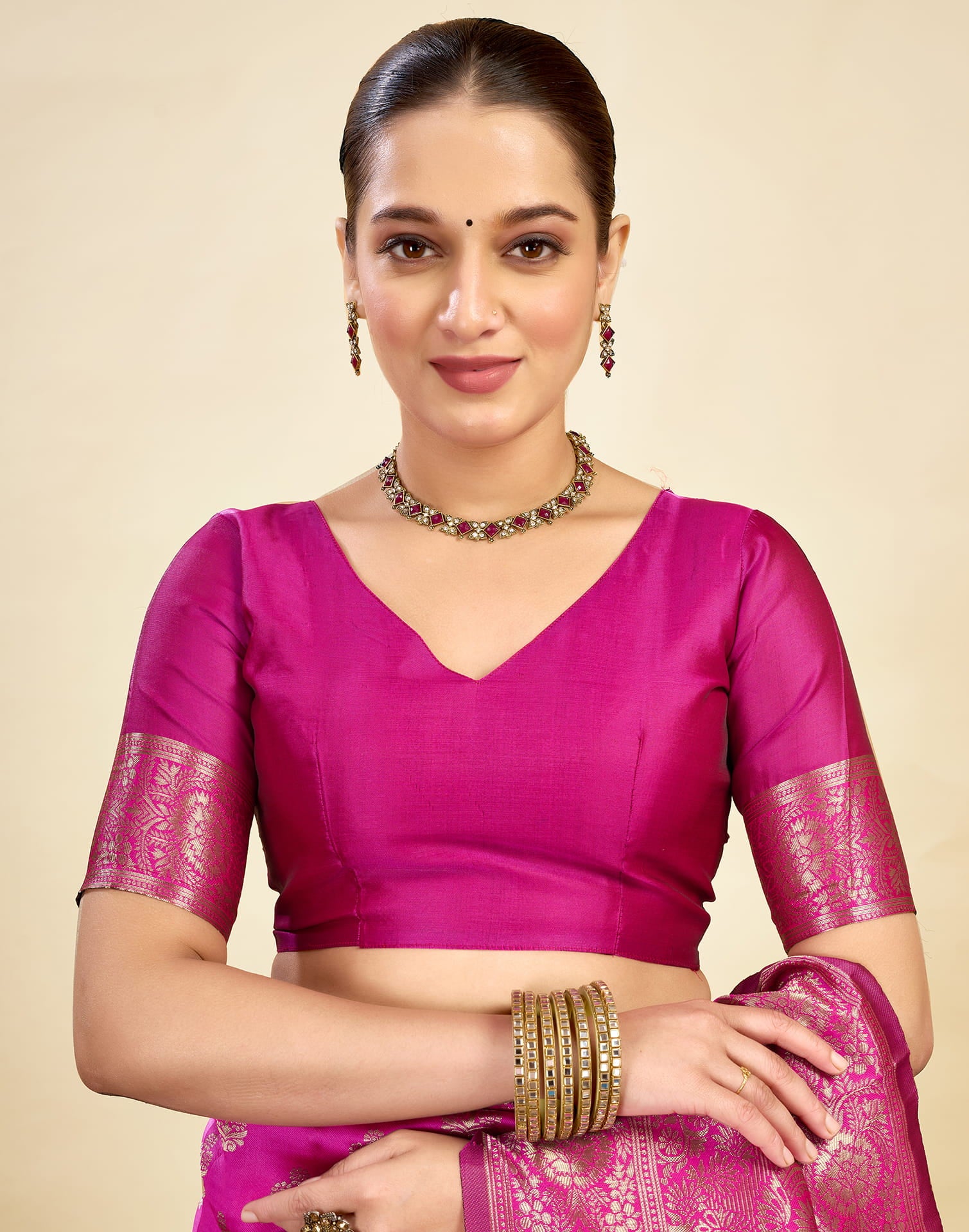 Pink Silk Blend Woven Banarasi Saree