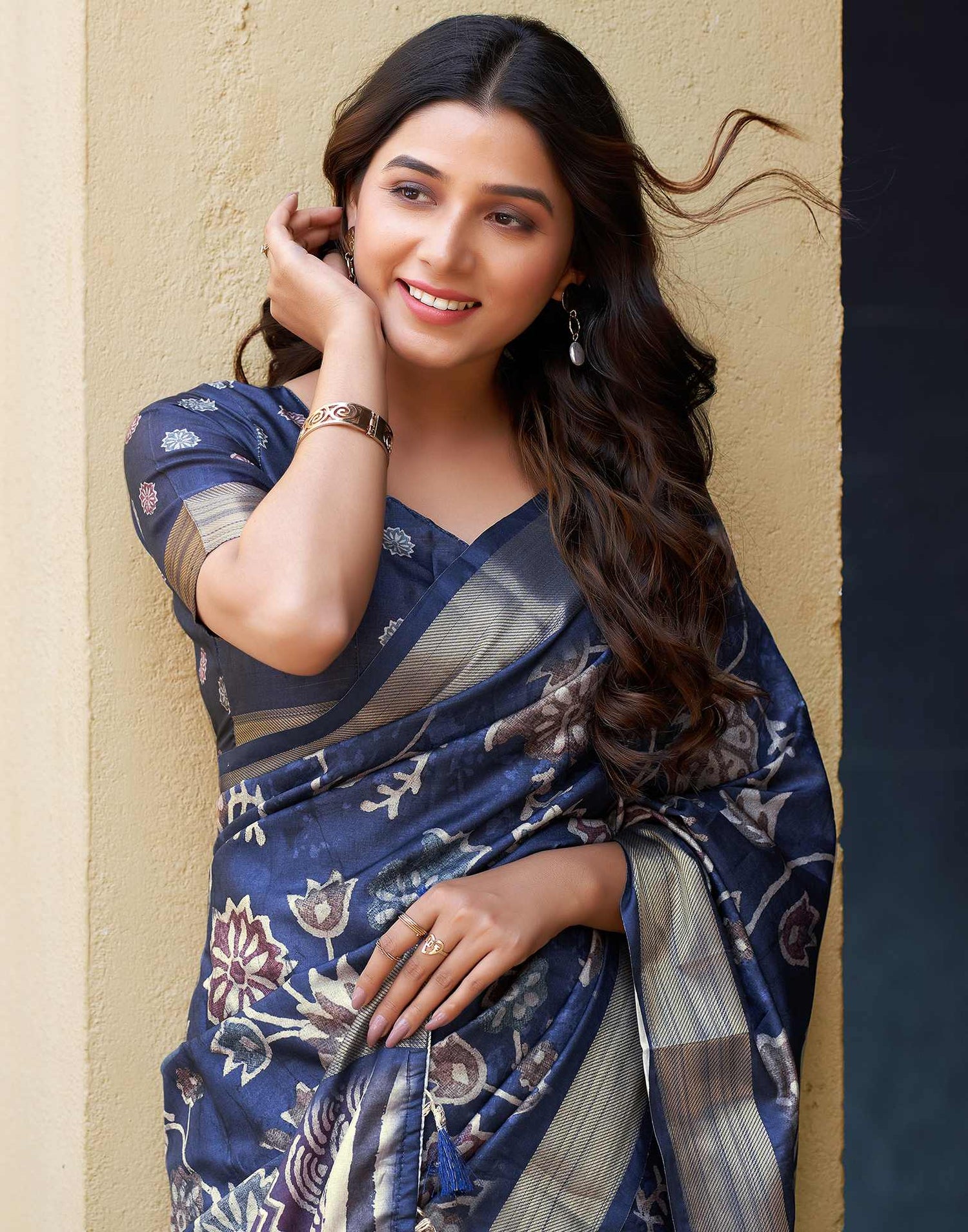 Blue Dola Silk Printed Saree