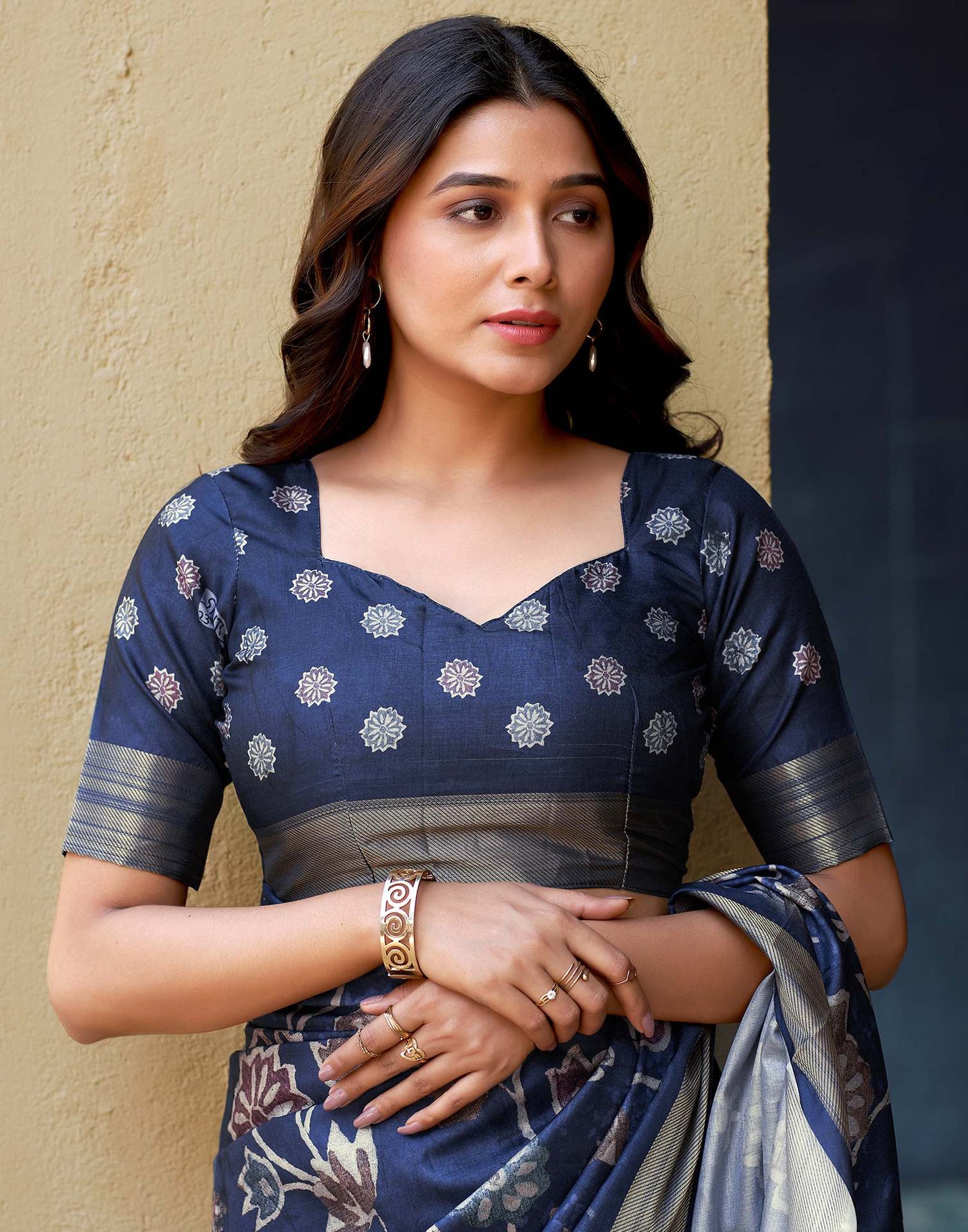 Blue Dola Silk Printed Saree