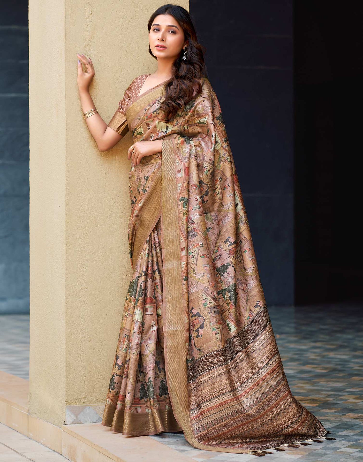 Brown Dola Silk Printed Saree