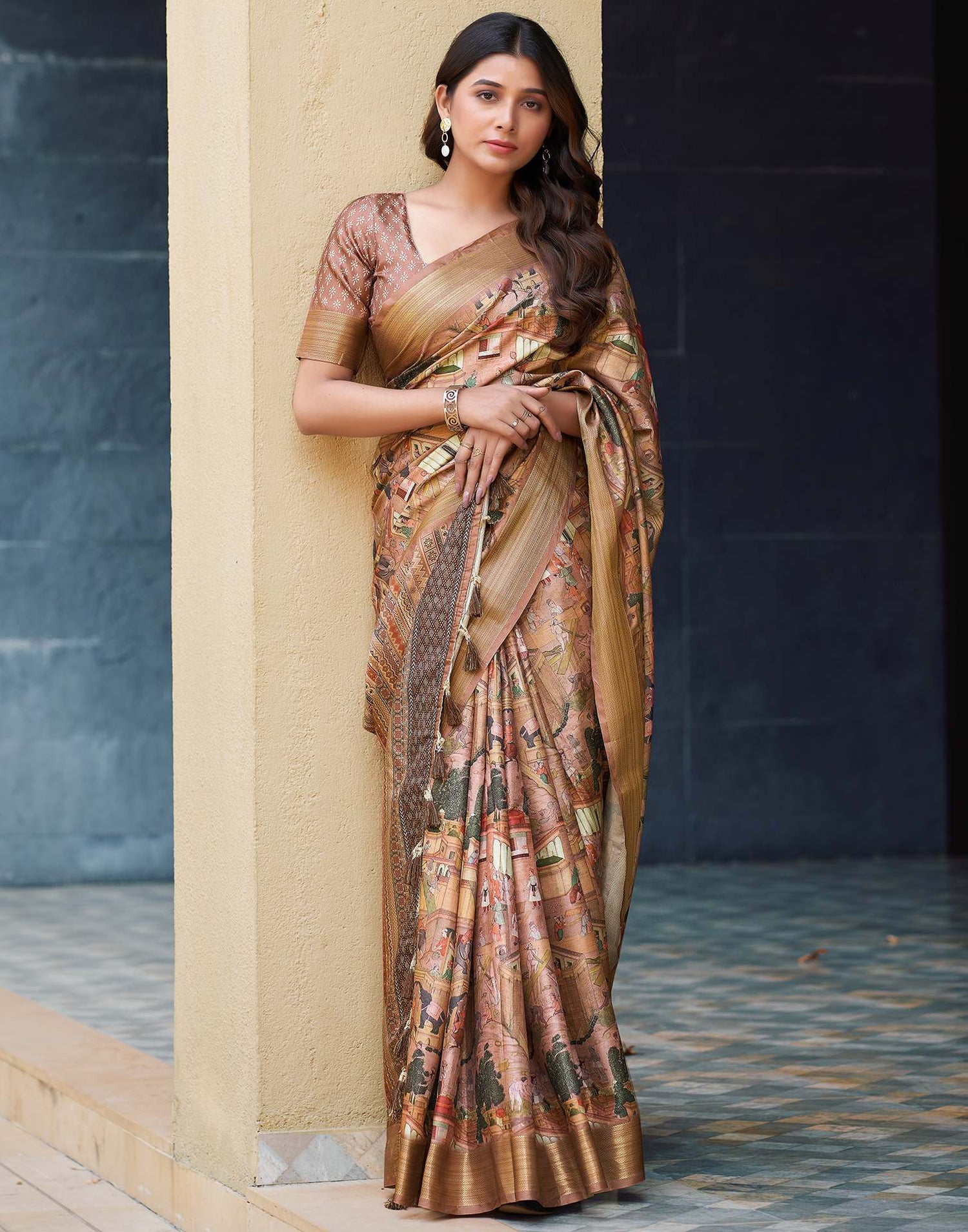 Brown Dola Silk Printed Saree