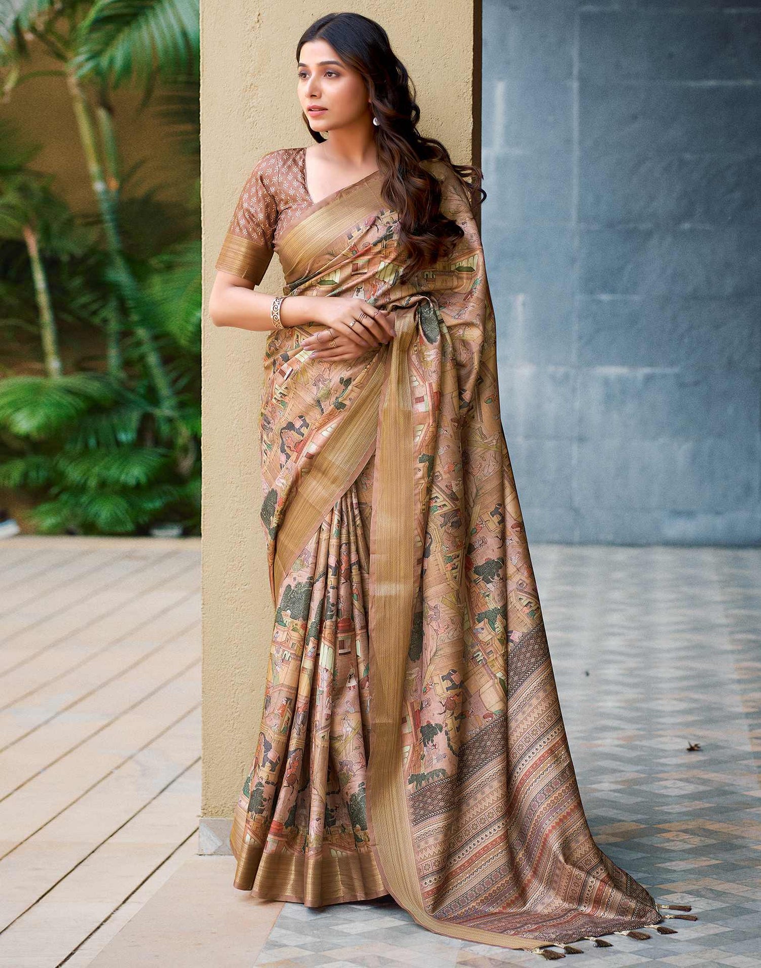 Brown Dola Silk Printed Saree