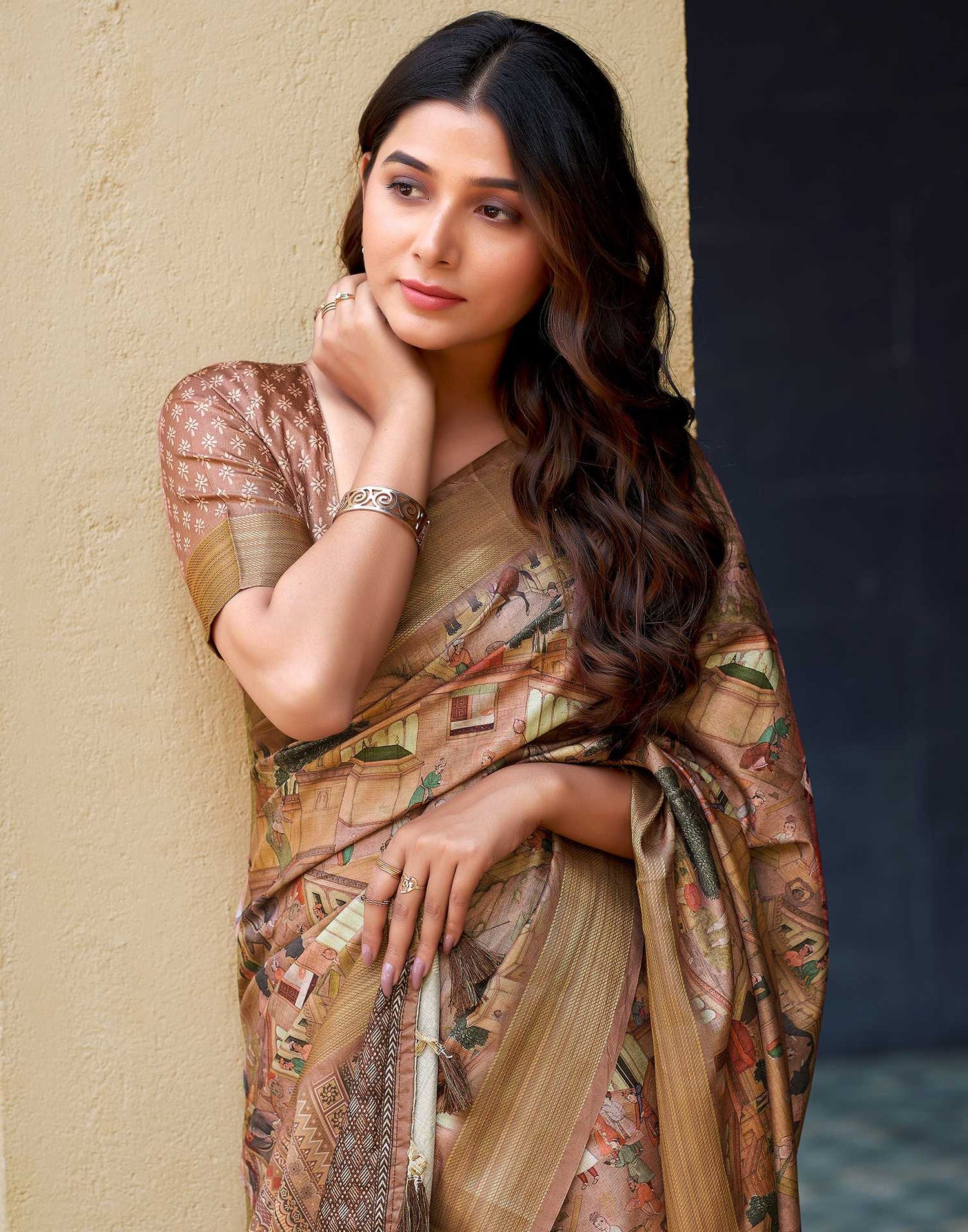 Brown Dola Silk Printed Saree