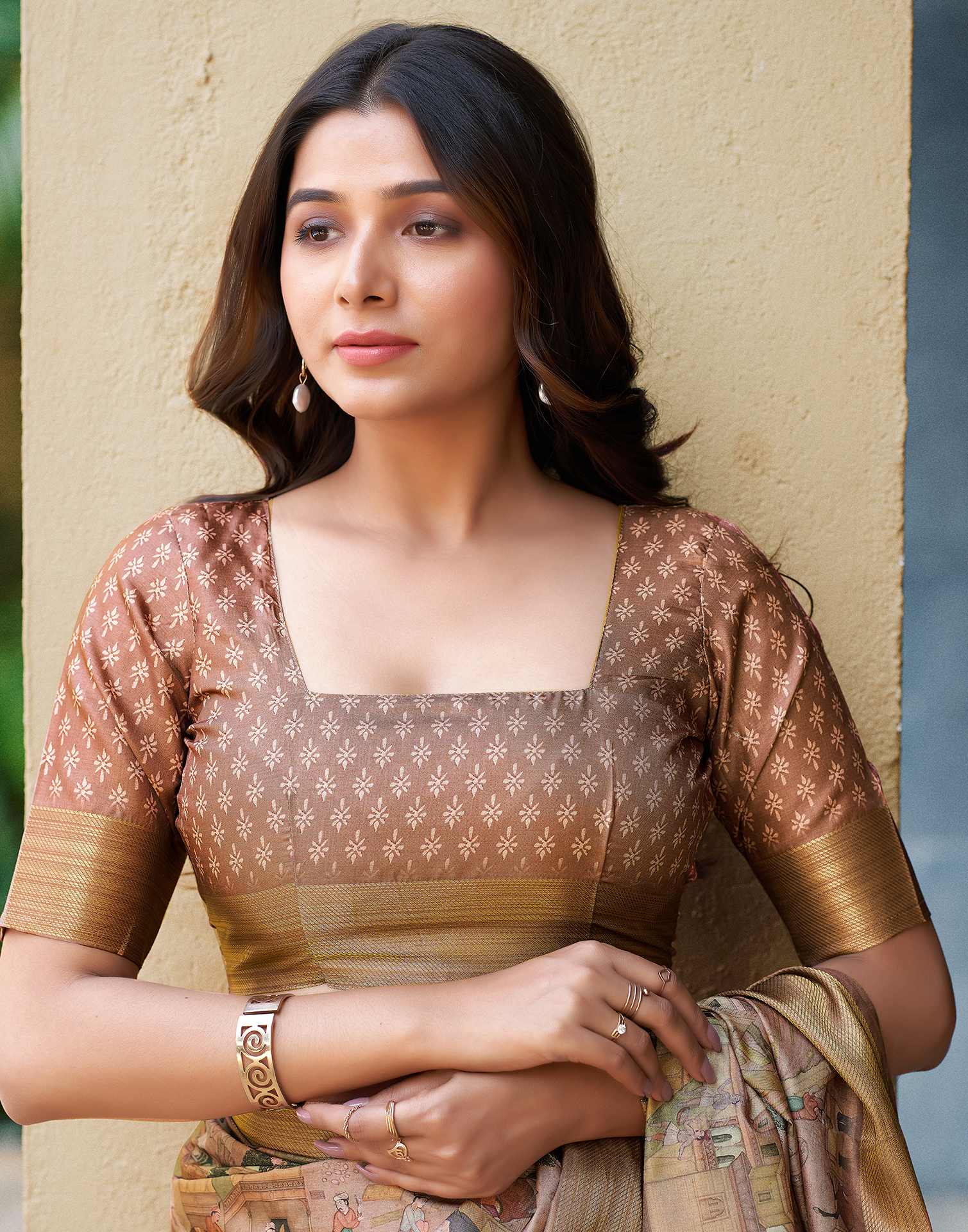 Brown Dola Silk Printed Saree