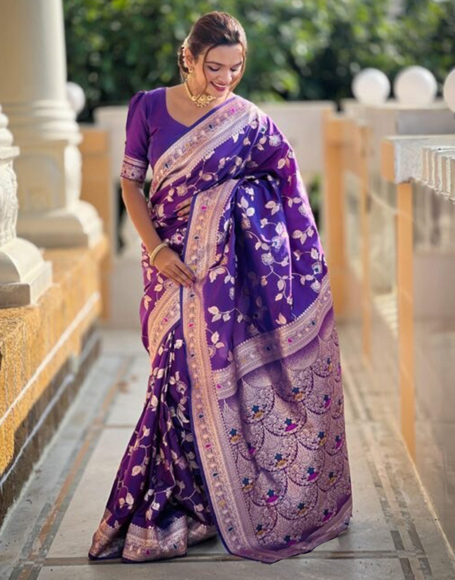 Blue Silk Blend Woven Banarasi Saree