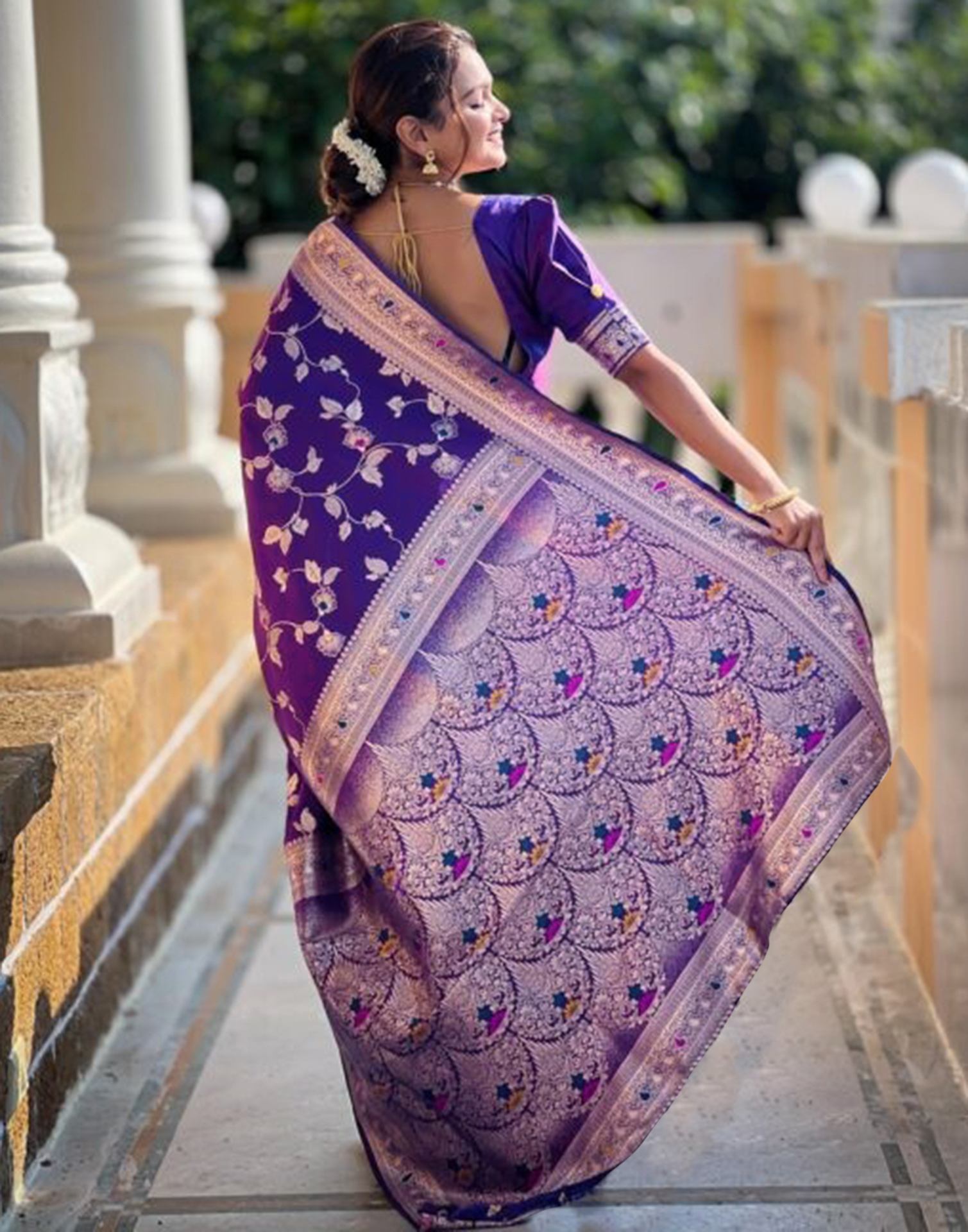 Blue Silk Blend Woven Banarasi Saree
