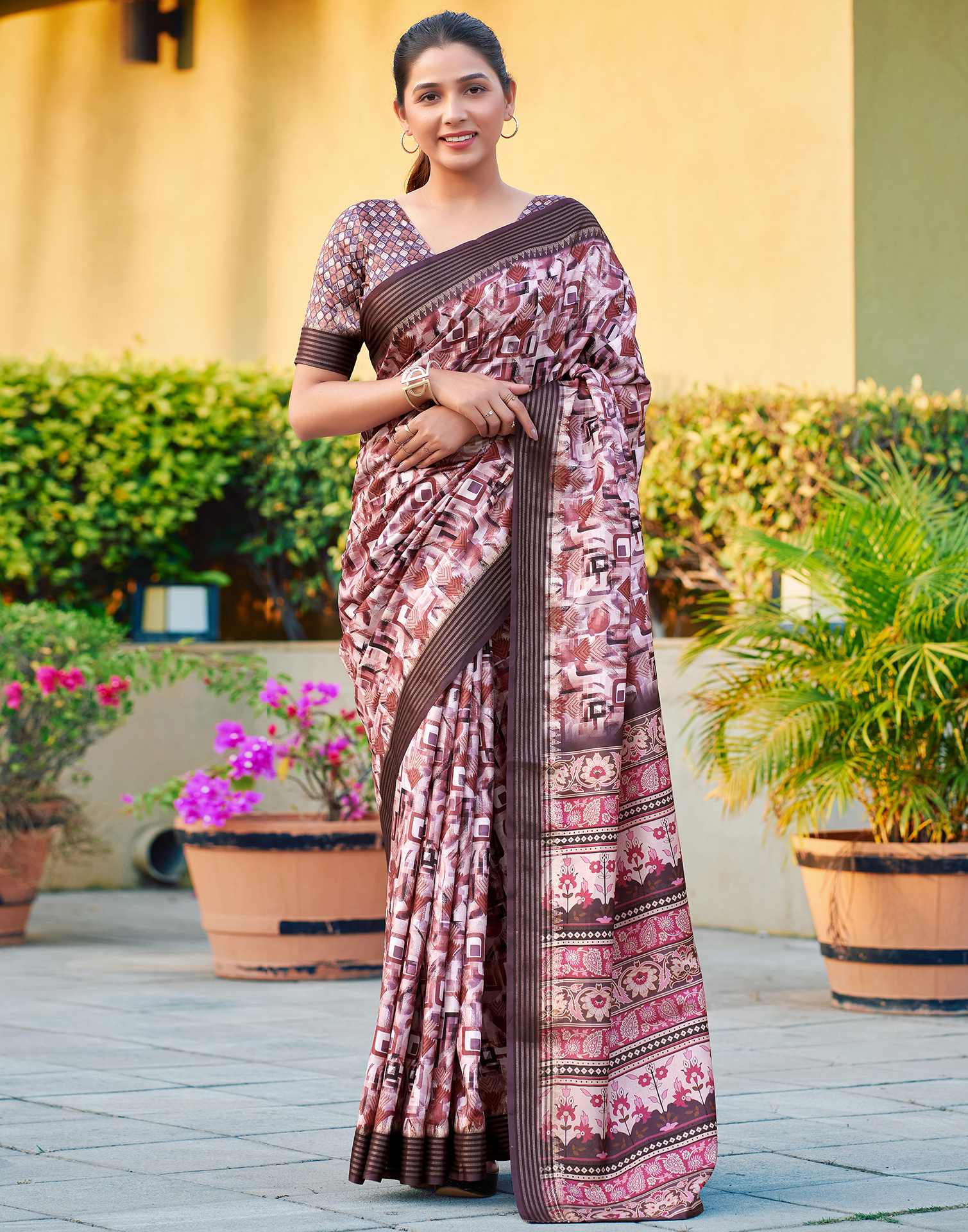 Brown Silk Blend Printed Saree