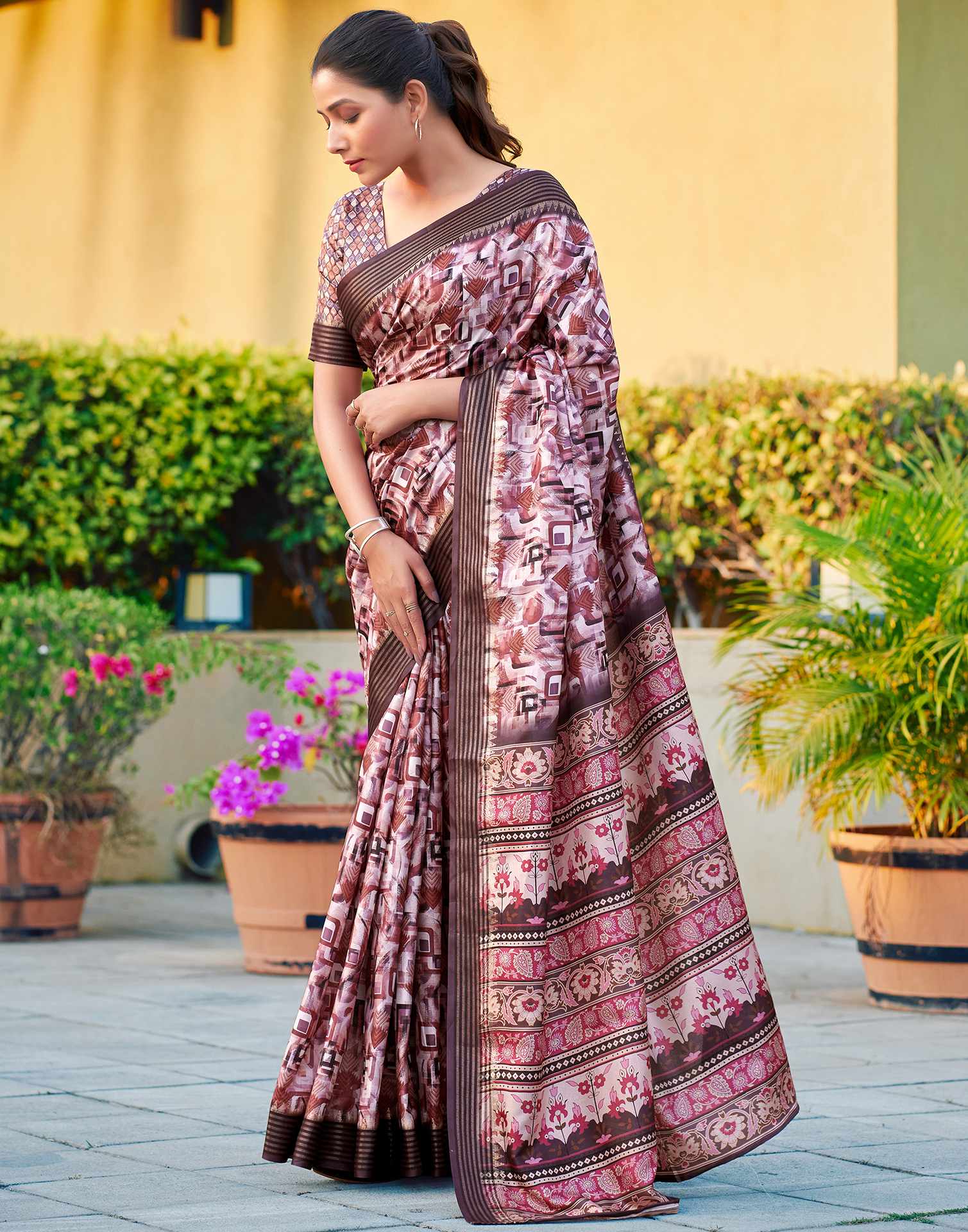 Brown Silk Blend Printed Saree