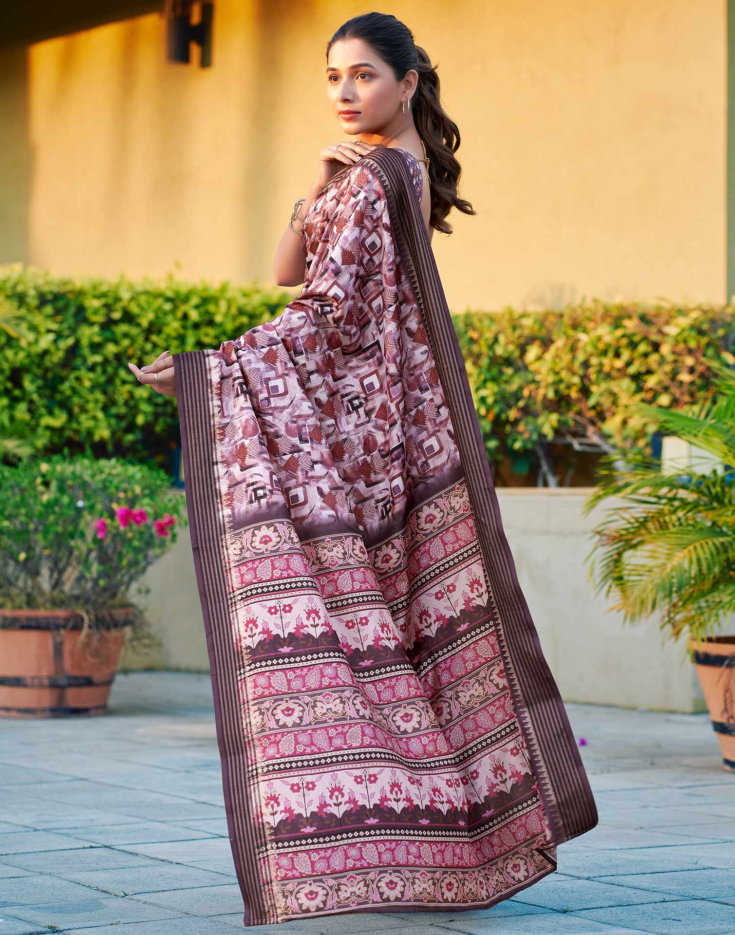 Brown Silk Blend Printed Saree