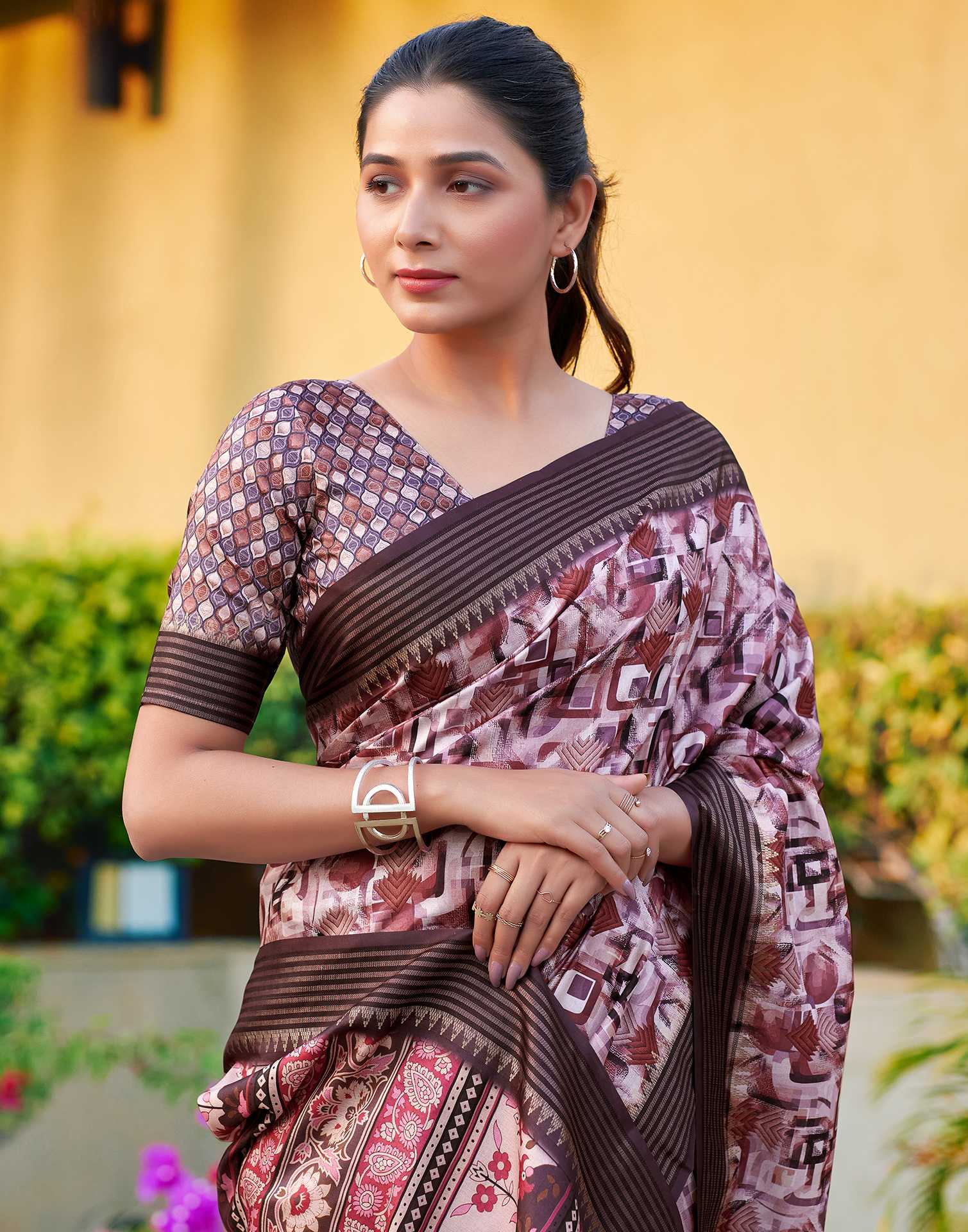 Brown Silk Blend Printed Saree