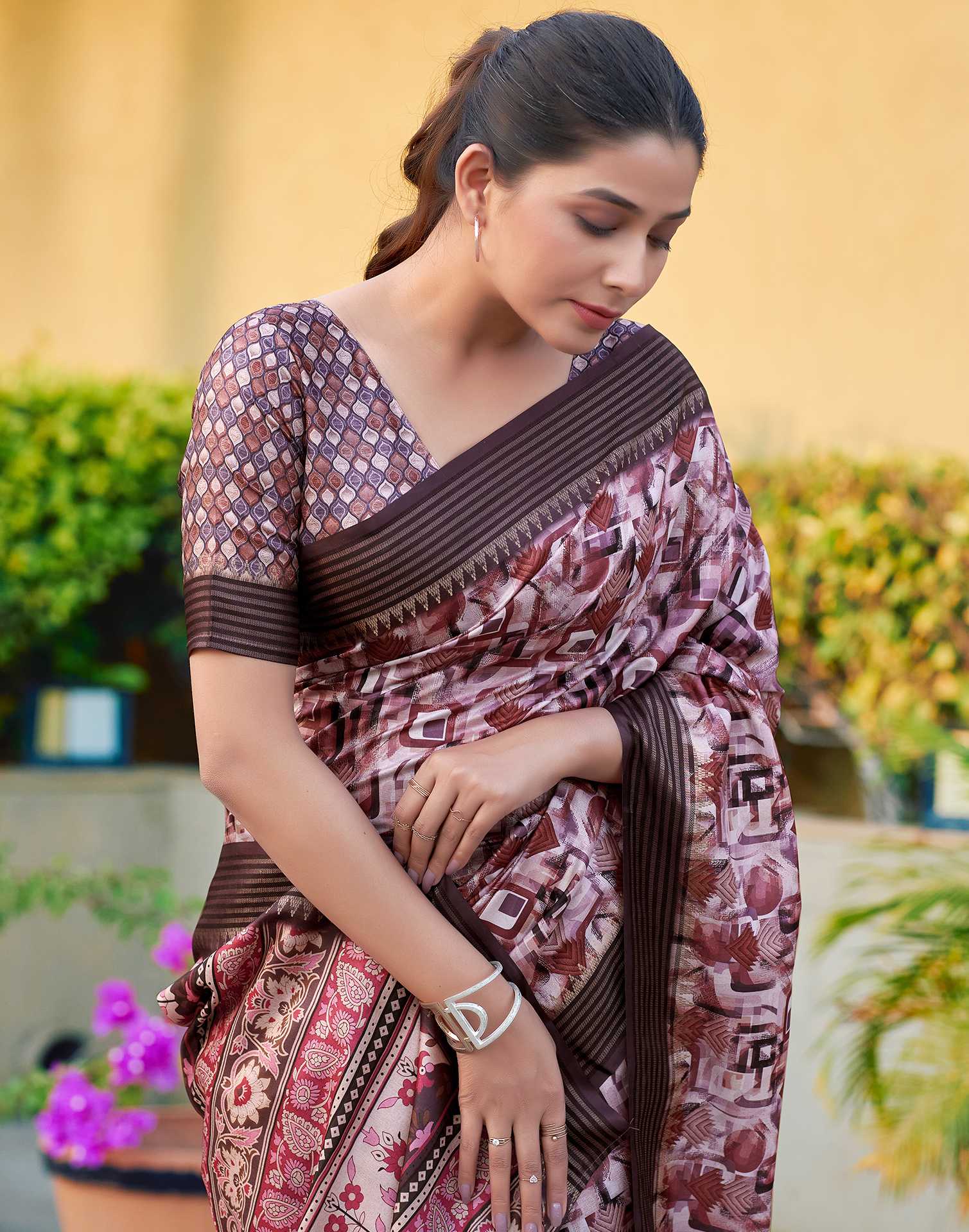 Brown Silk Blend Printed Saree