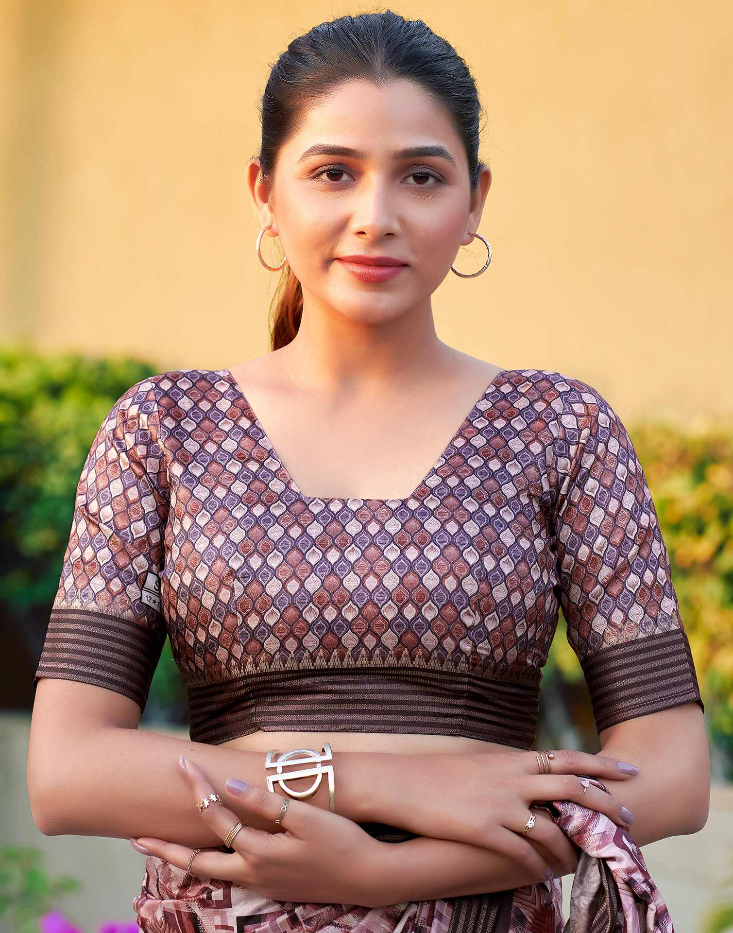 Brown Silk Blend Printed Saree