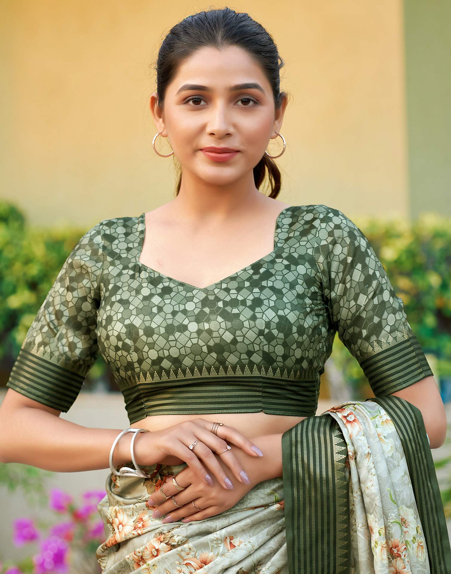 Green Silk Blend Printed Saree