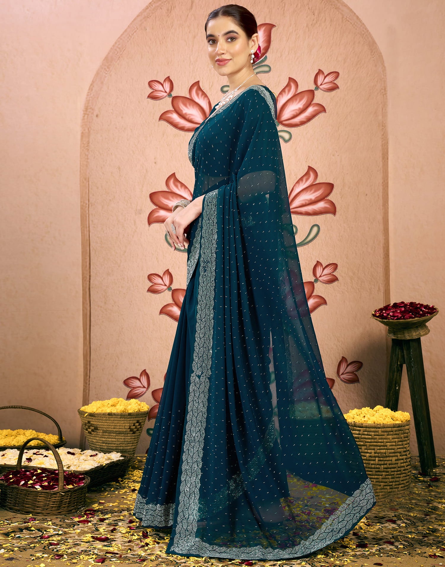 Blue Georgette Swarovski Embellished Saree