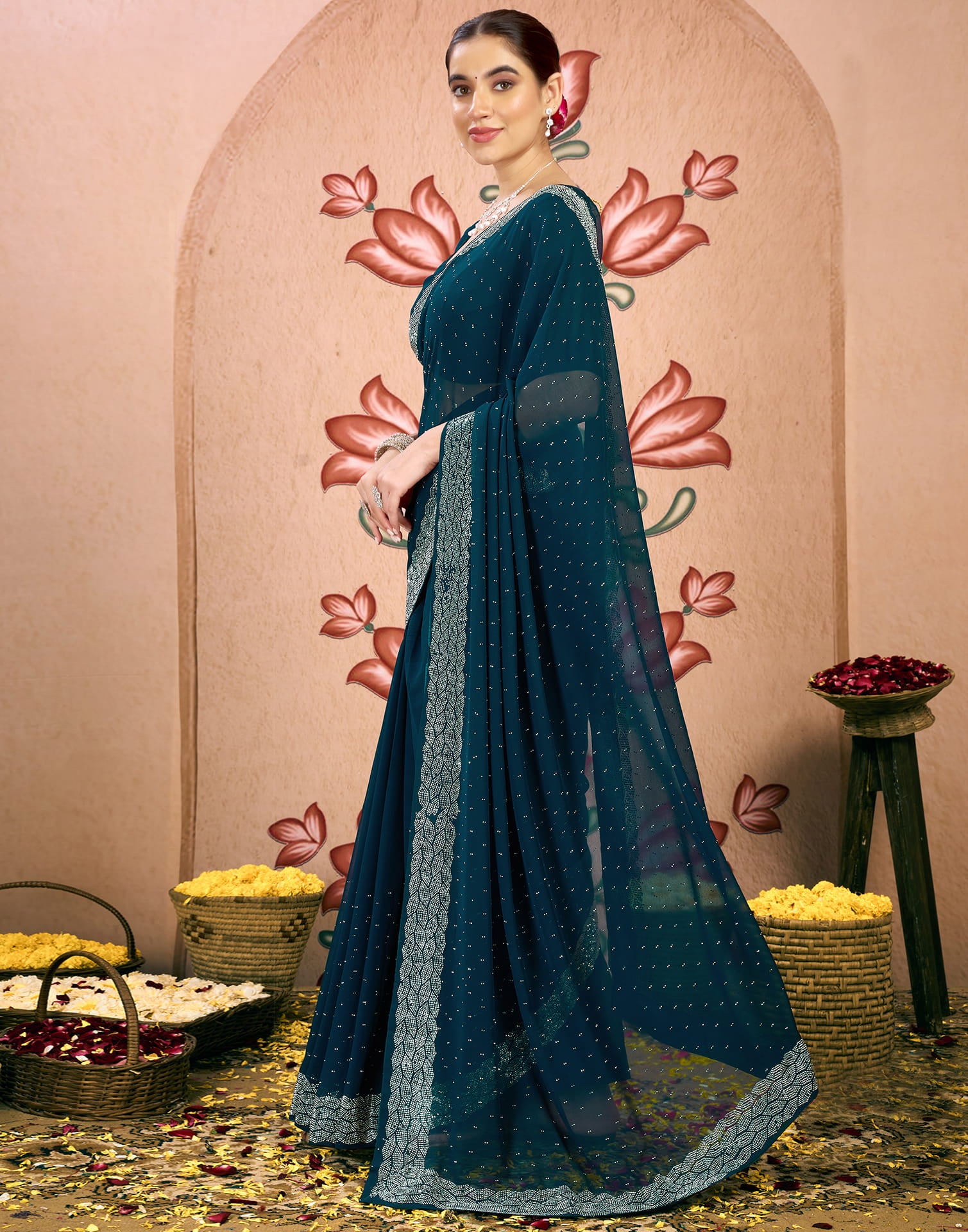 Blue Georgette Swarovski Embellished Saree