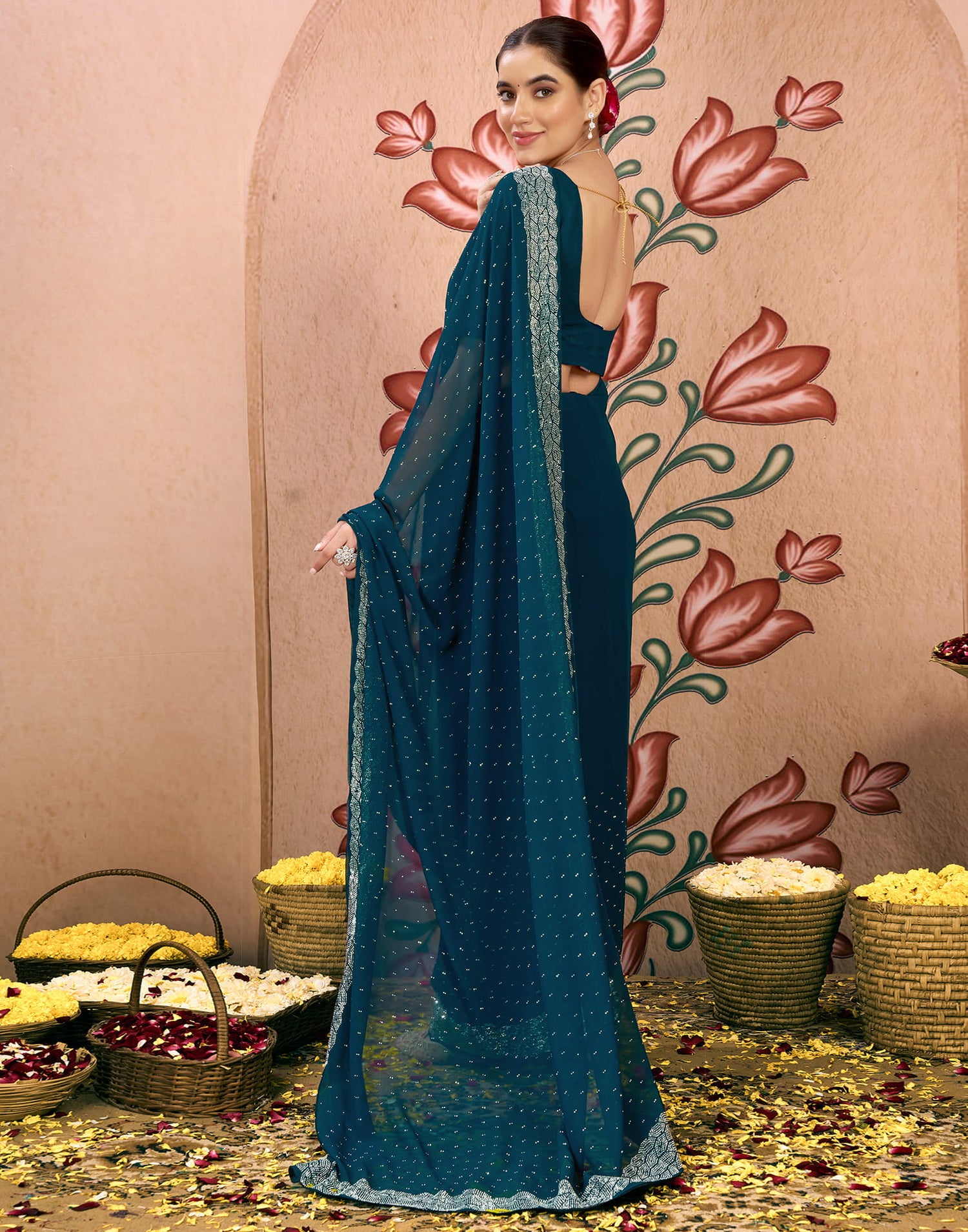 Blue Georgette Swarovski Embellished Saree