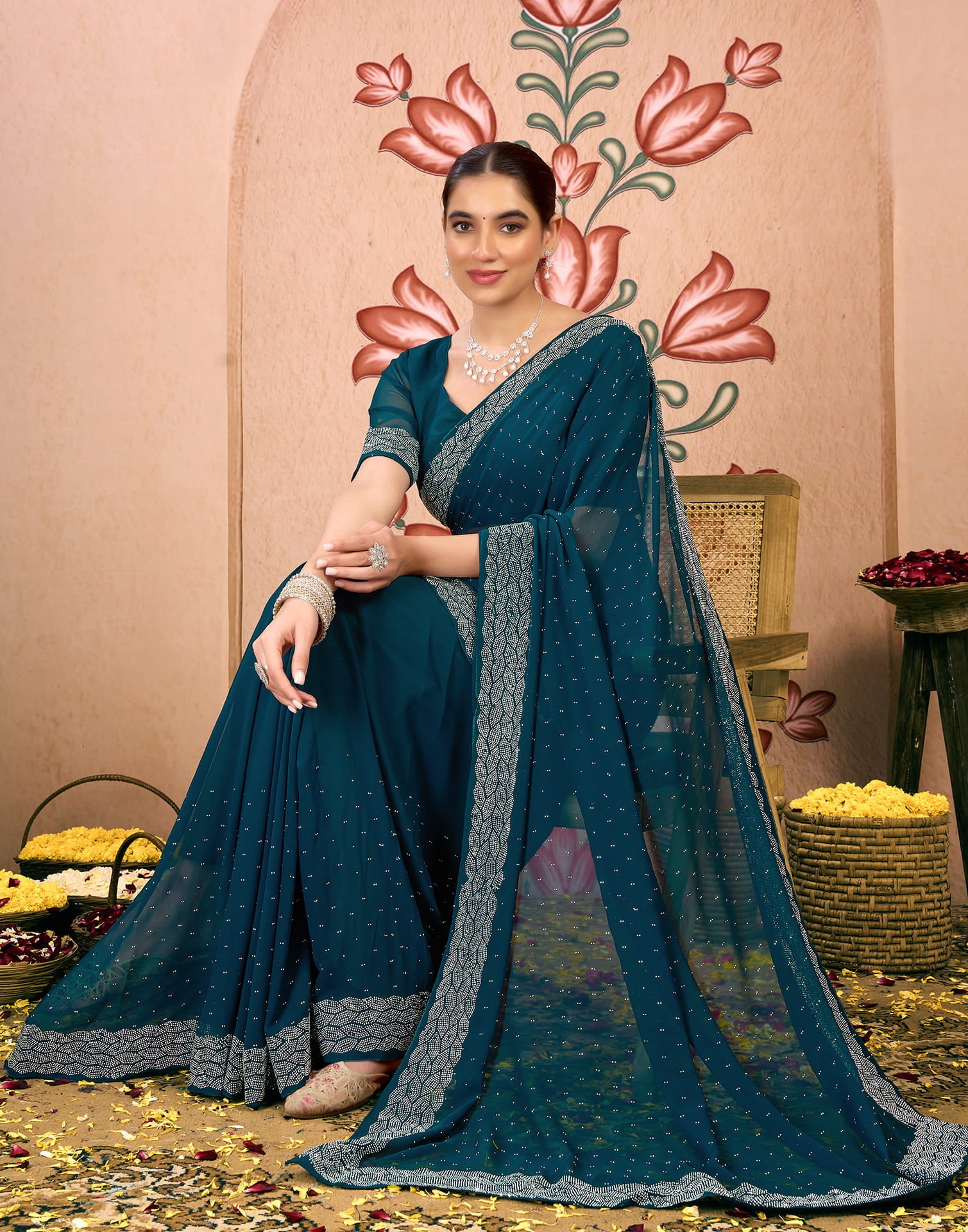 Blue Georgette Swarovski Embellished Saree