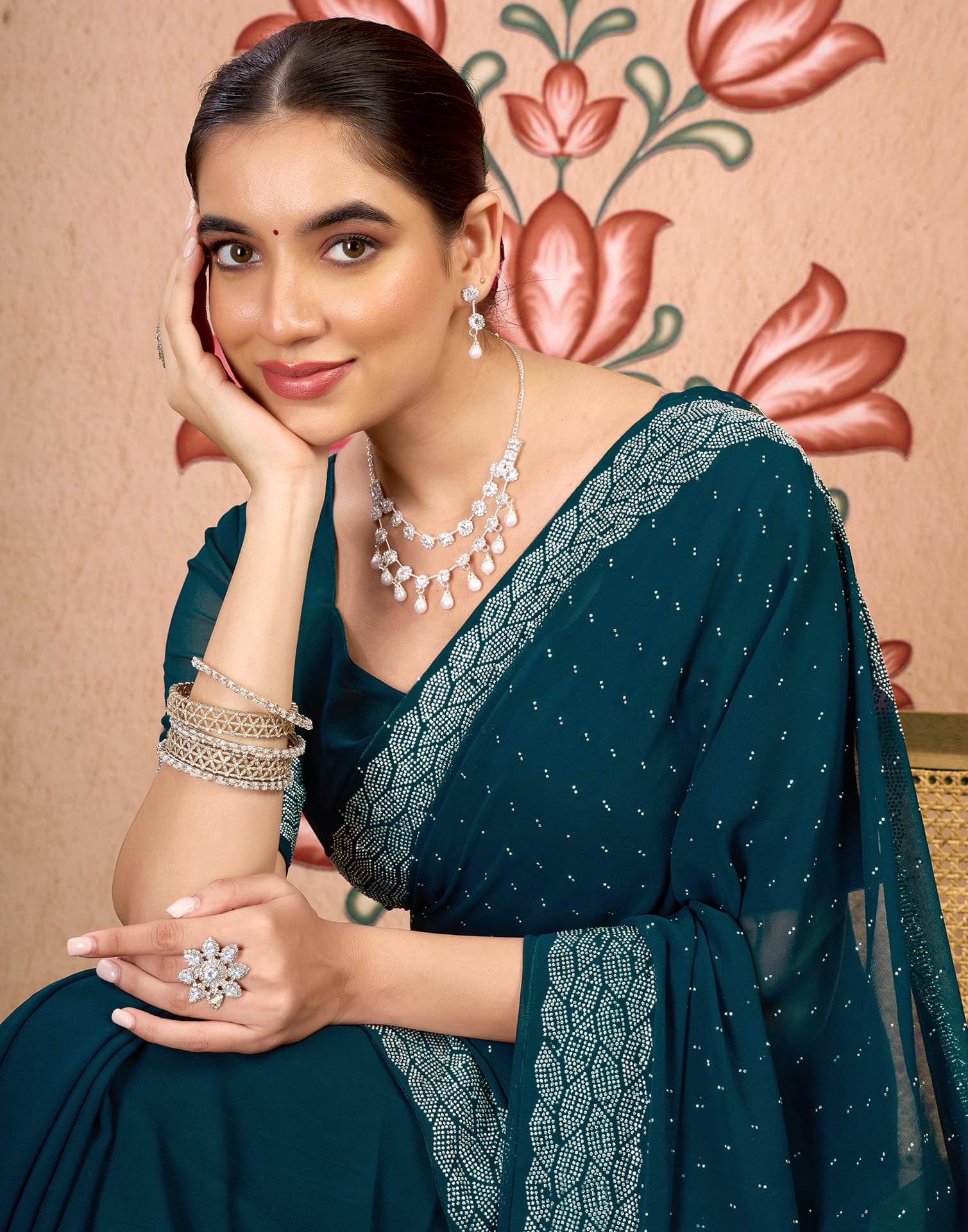 Blue Georgette Swarovski Embellished Saree