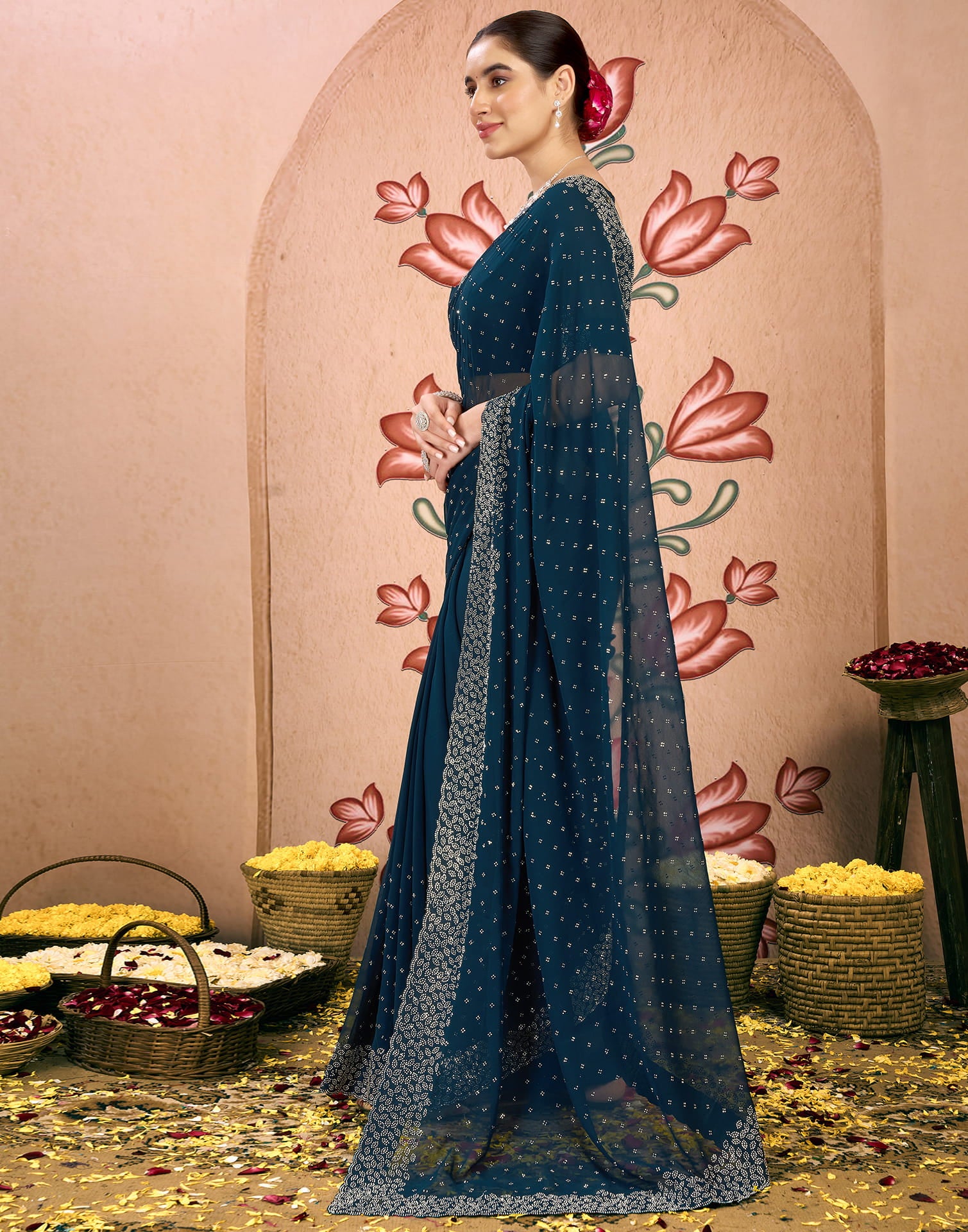 Blue Georgette Swarovski Embellished Saree