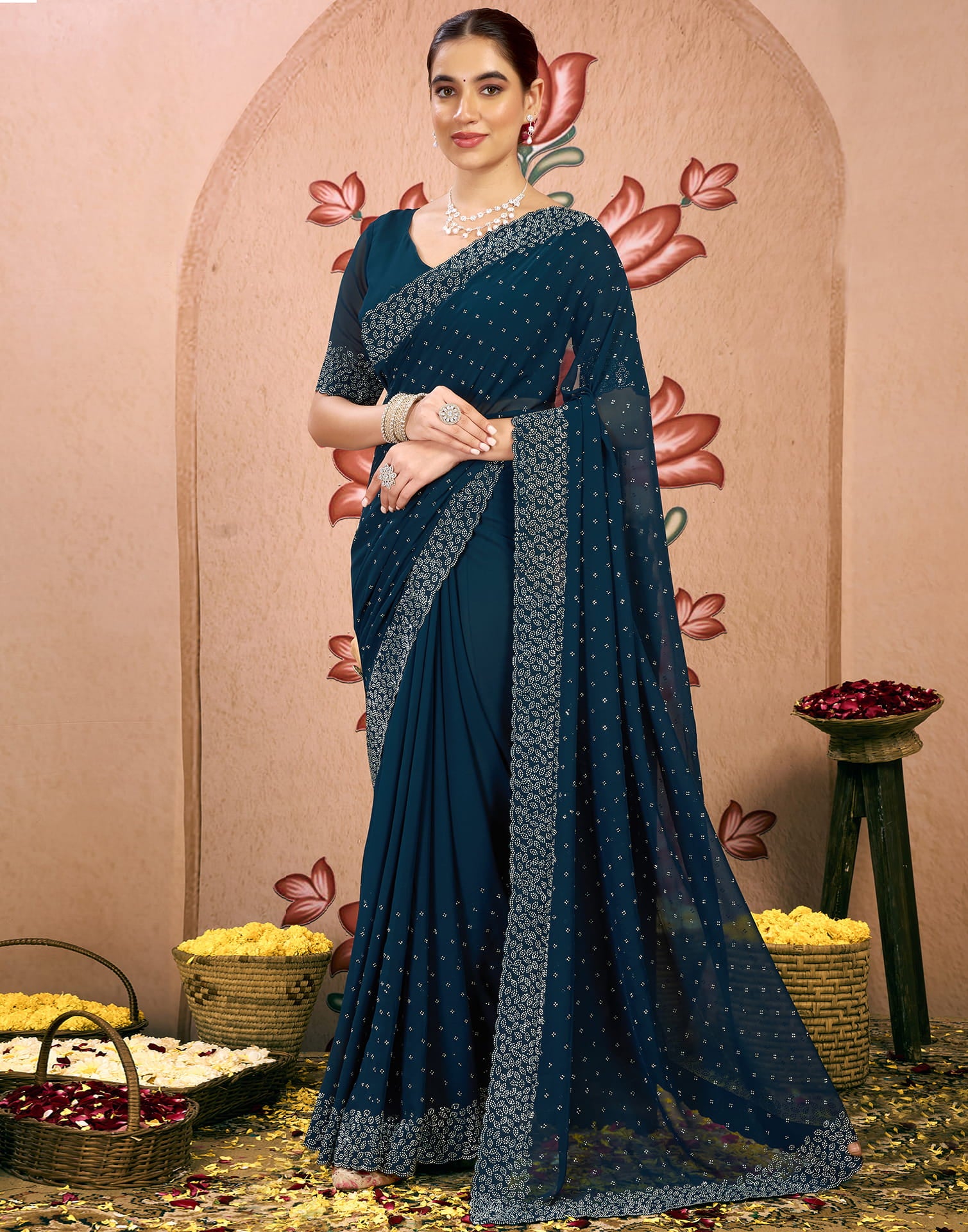 Blue Georgette Swarovski Embellished Saree