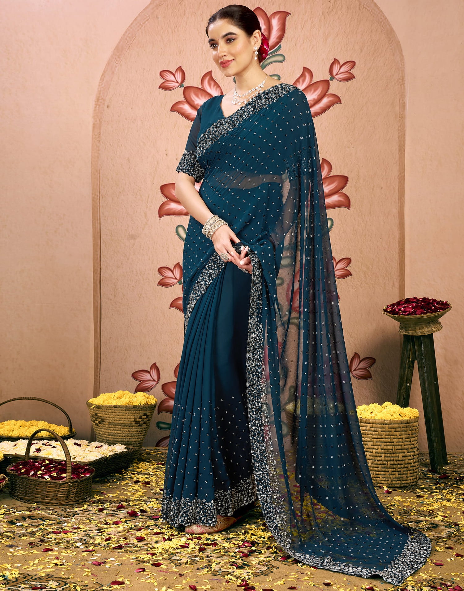 Blue Georgette Swarovski Embellished Saree