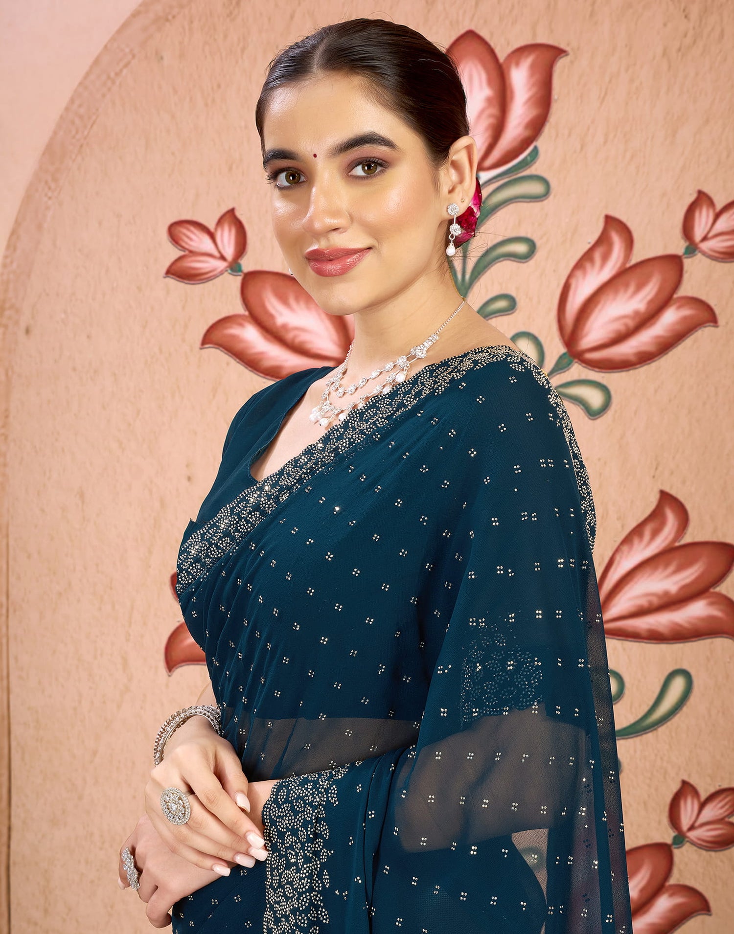 Blue Georgette Swarovski Embellished Saree