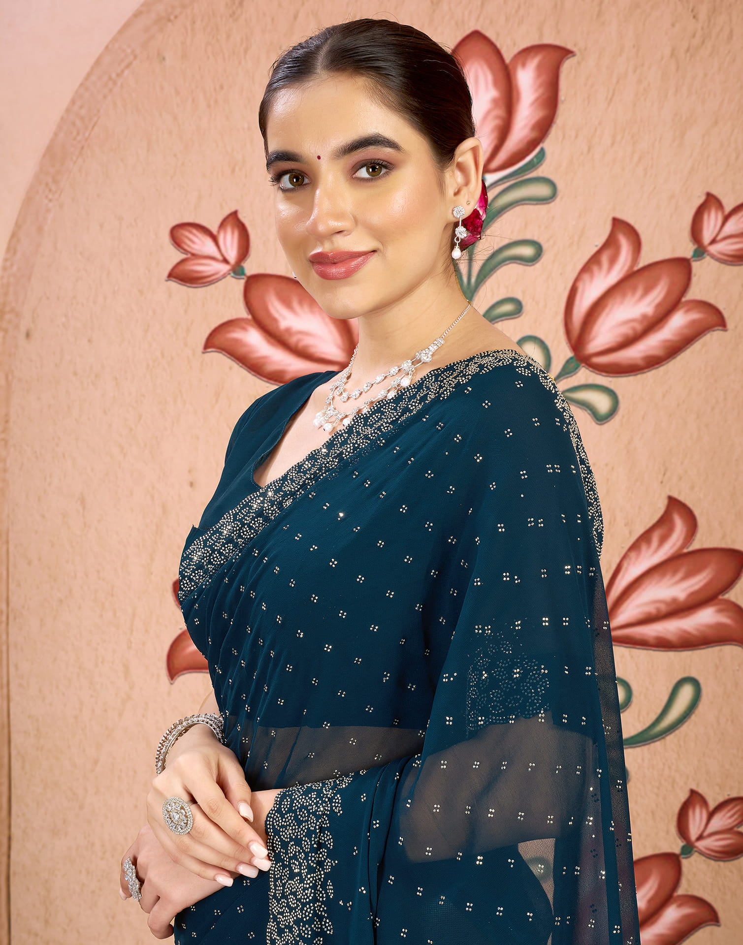 Blue Georgette Swarovski Embellished Saree