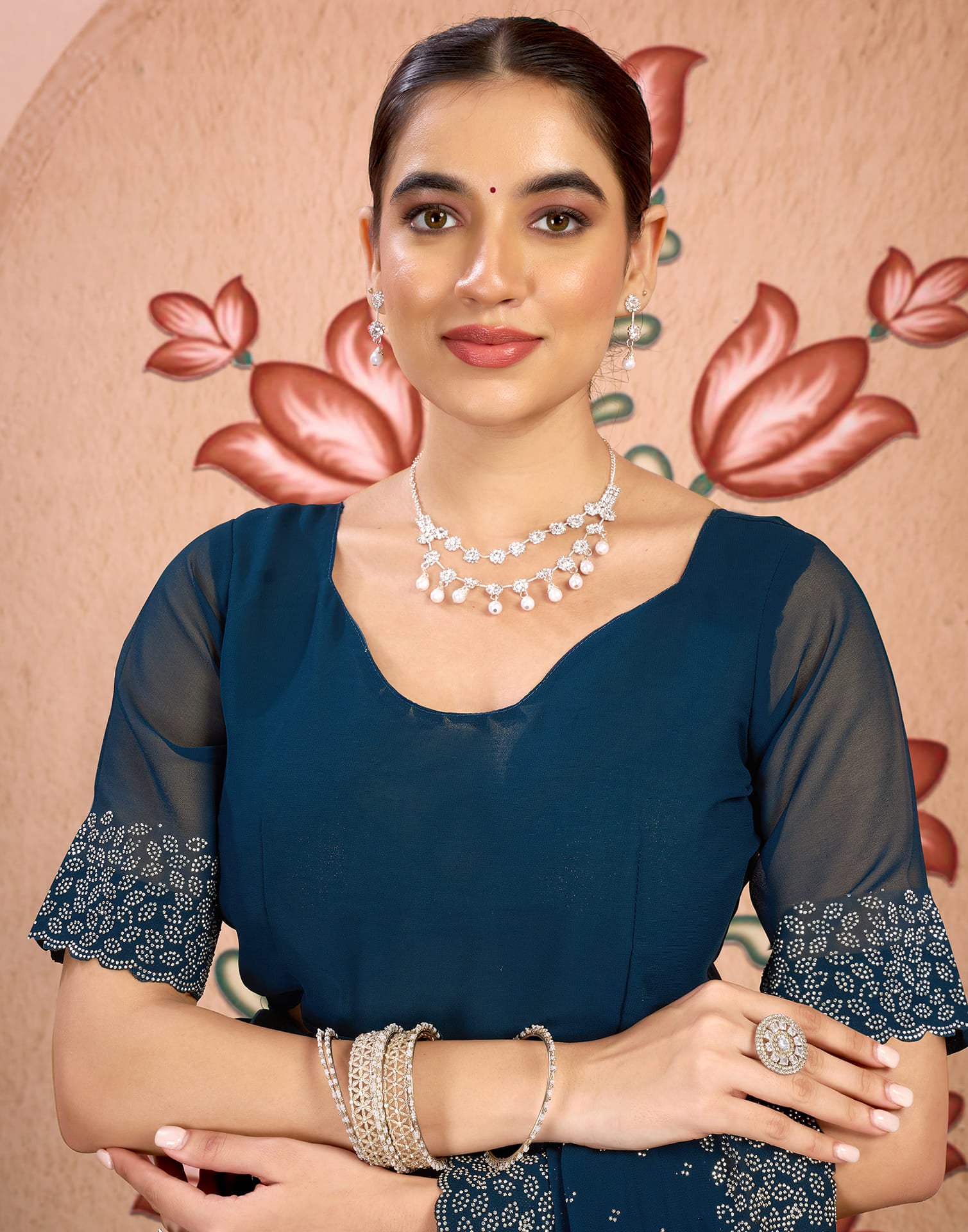 Blue Georgette Swarovski Embellished Saree