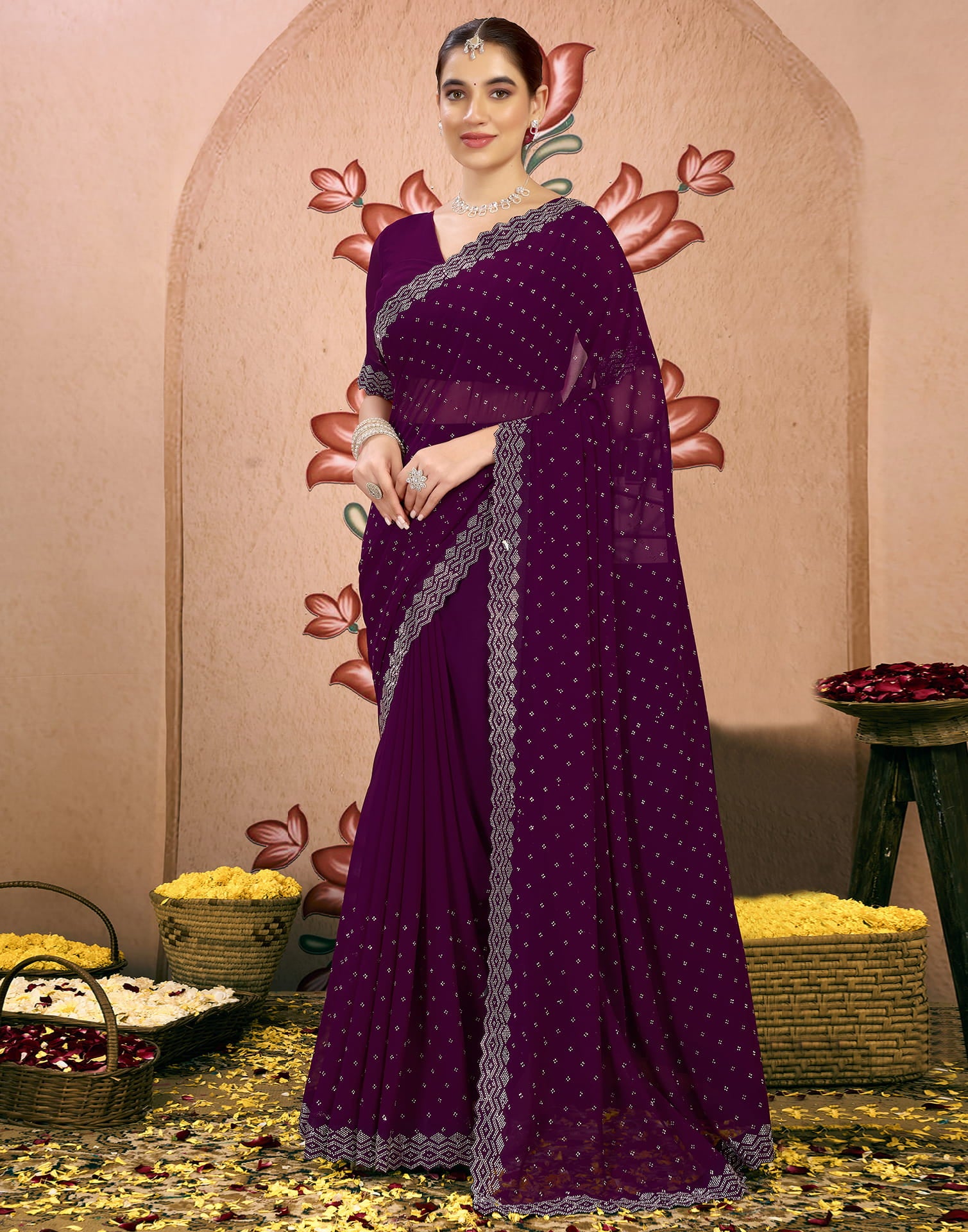 Wine Georgette Swarovski Embellished Saree