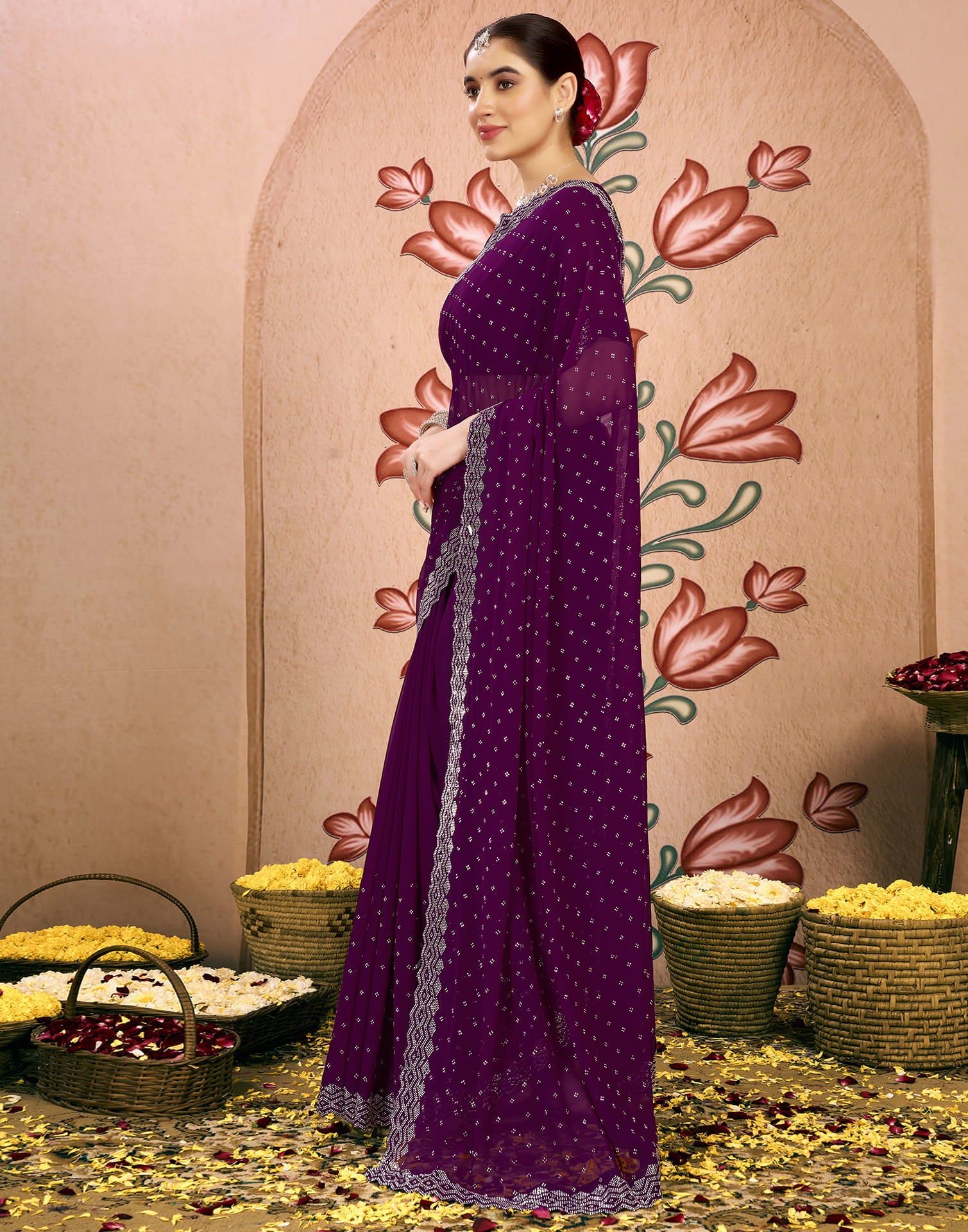 Wine Georgette Swarovski Embellished Saree